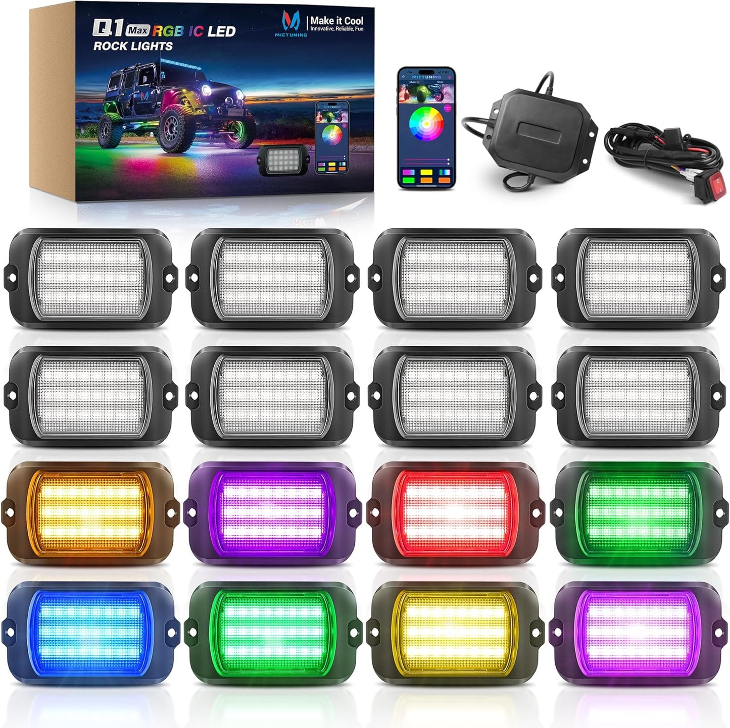 MICTUNING 2025 1000% Bright Q1 MAX RGB+IC Rock Lights,16 Pods Chasing Dreamcolor Extensible Underglow Multicolor Neon Light Underbody Lighting Kit with APP Control for Truck ATV UTV Boat