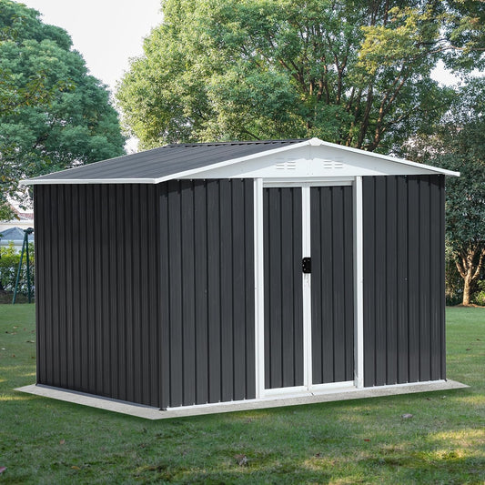 8x6 FT Outdoor Storage Shed,Metal Shed with Sliding Door & Air Vent,Garden Shed W/Sloped Roof,All Weather Waterproof Tool House for Backyard,Patio,Garage,Lawn,Grey