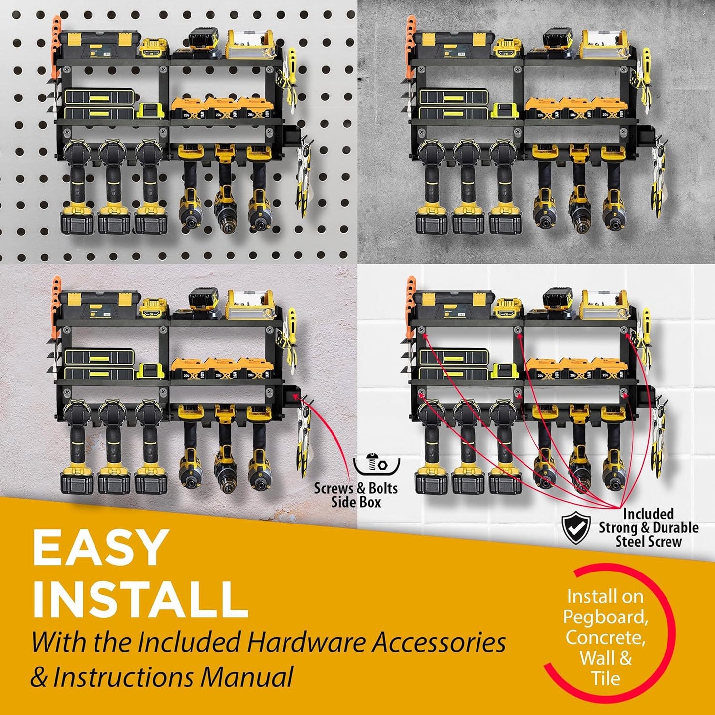 GRG Tools Heavy-Duty Power Tool Organizer – Wall Mounted Drill Rack for 6 Cordless Drills, Garage & Workshop Tool Storage Shelf with Screws & Bolts Side Box, 300LBS Load Capacity, Sturdy Metal Design