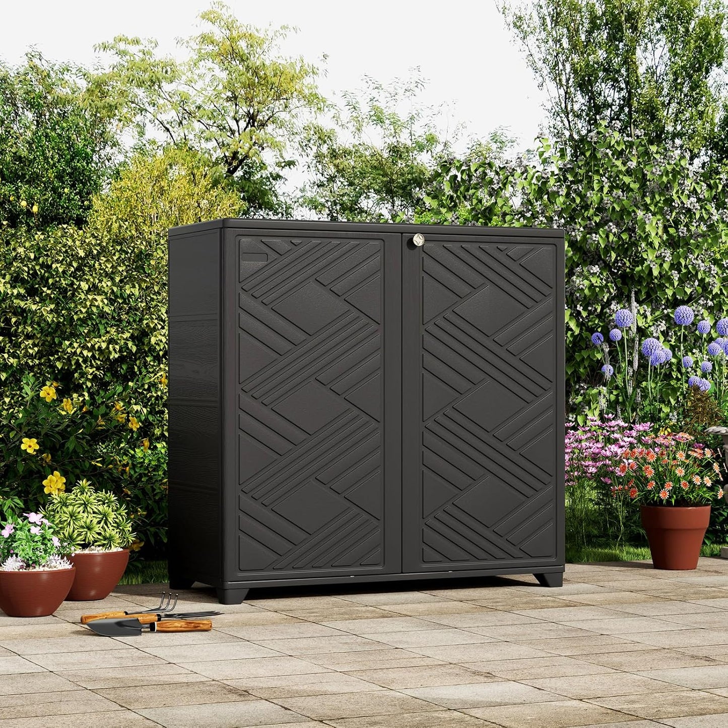 ZZM Indoor/Outdoor Storage Cabinet Waterproof, 34"x15"x34" Plastic Outdoor Storage Box for Garden Balcony Bathroom, All Weather Outdoor Storage Clearance, DIY Usage, with 1 Shelf (Black)