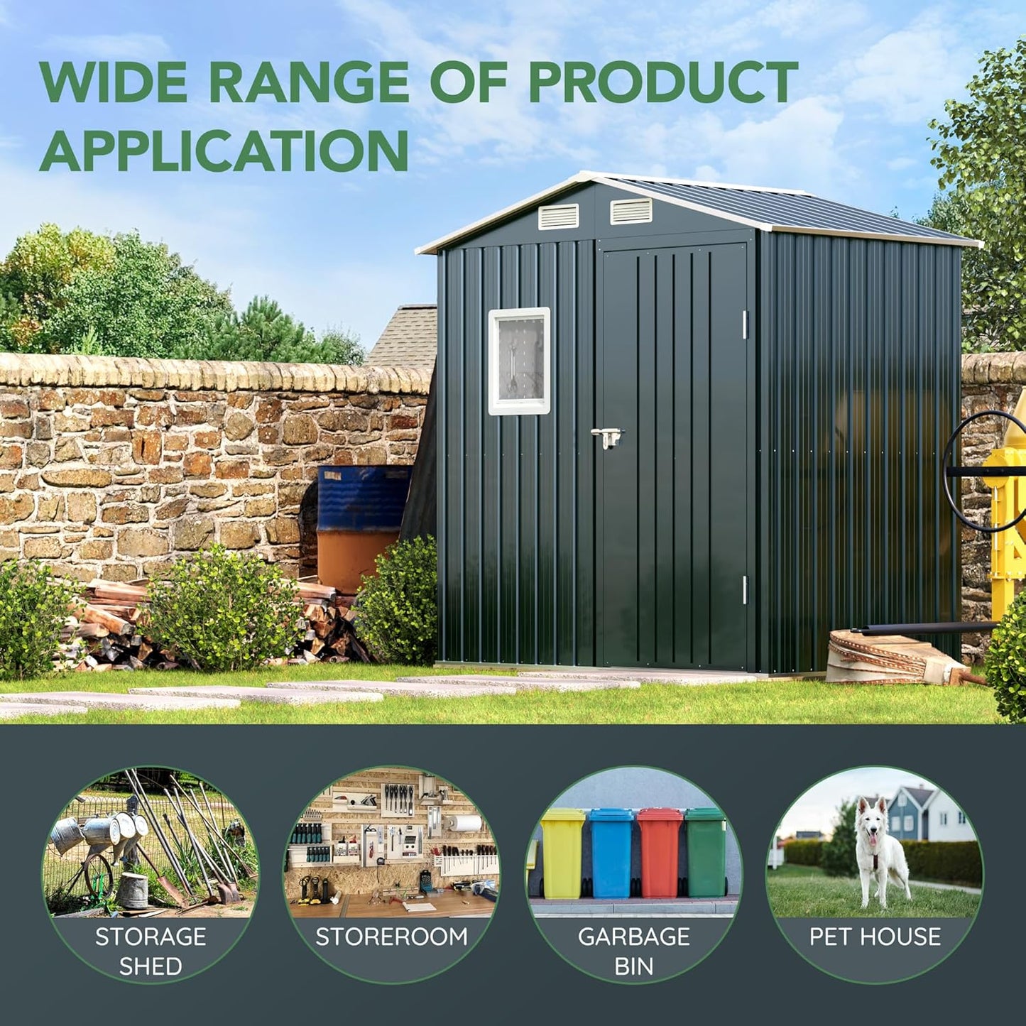 Breezz 6x4FT Outdoor Steel Storage Shed with Clear Window, Lockable Doors, Weather-Resistant Metal Tool Shed for Garden, Backyard, Patio, and Utility Storage