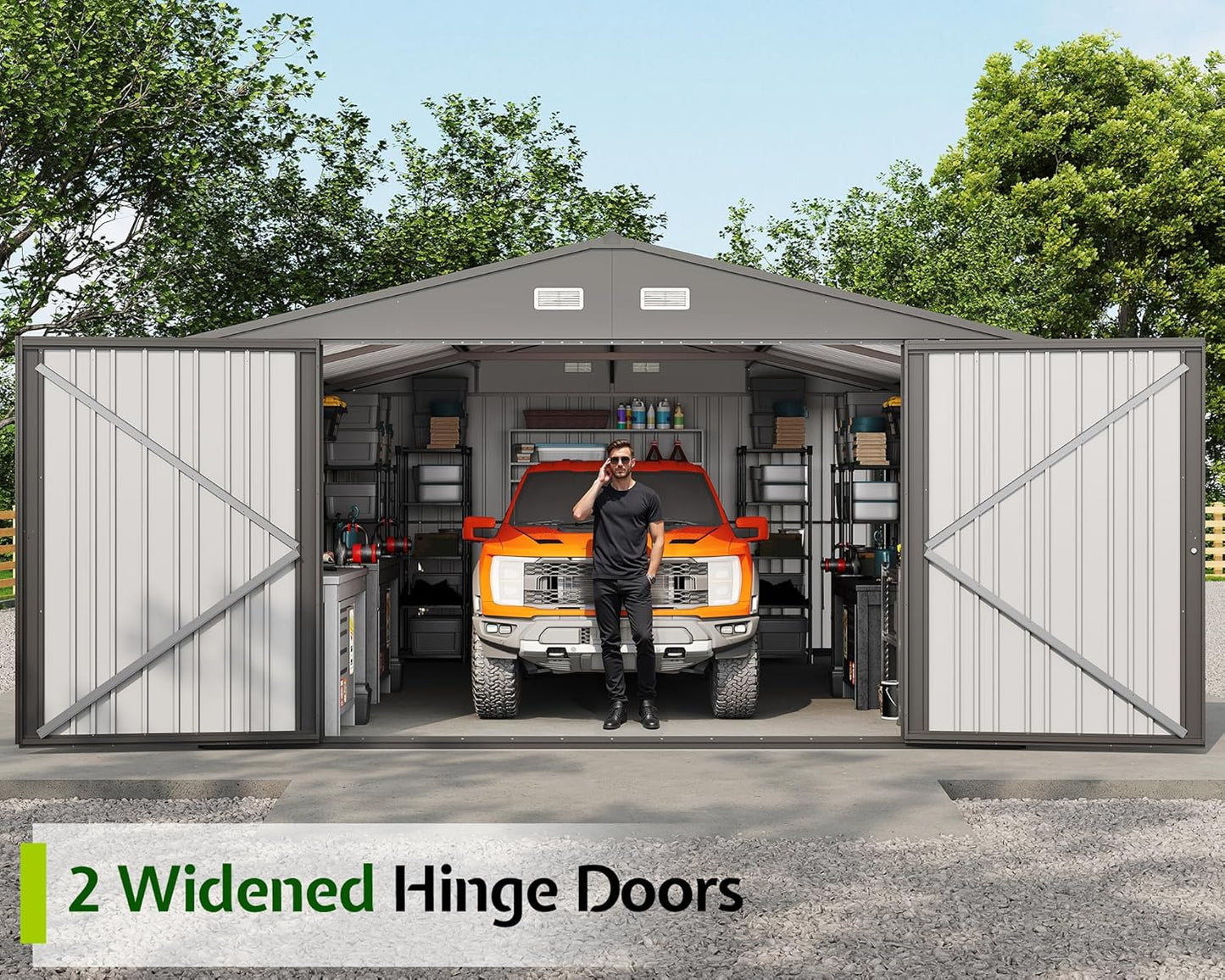 Jocisland 13.2x20.7x8 FT Heavy Duty Carport, Metal carport with 2 Lockable Doors & 4 Windows, Carport Canopy for for Truck, Car, Garbage Can, Tool, Lawnmower, Grey