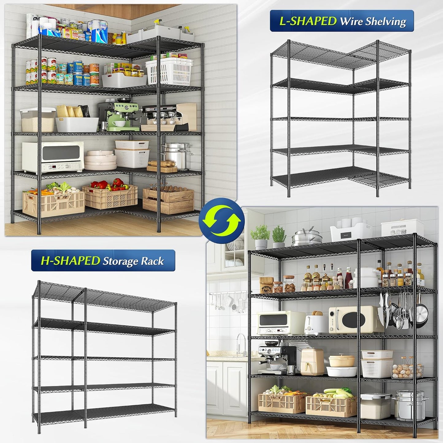 52.36" W Storage Shelves Metal Shelving Unit Load 1400LBS 5 Tier Wire Shelf for Storage Adjustable Garage Shelving Heavy Duty Shelves for Pantry Kitchen Garage, 52.36W x13.78Dx70.8H