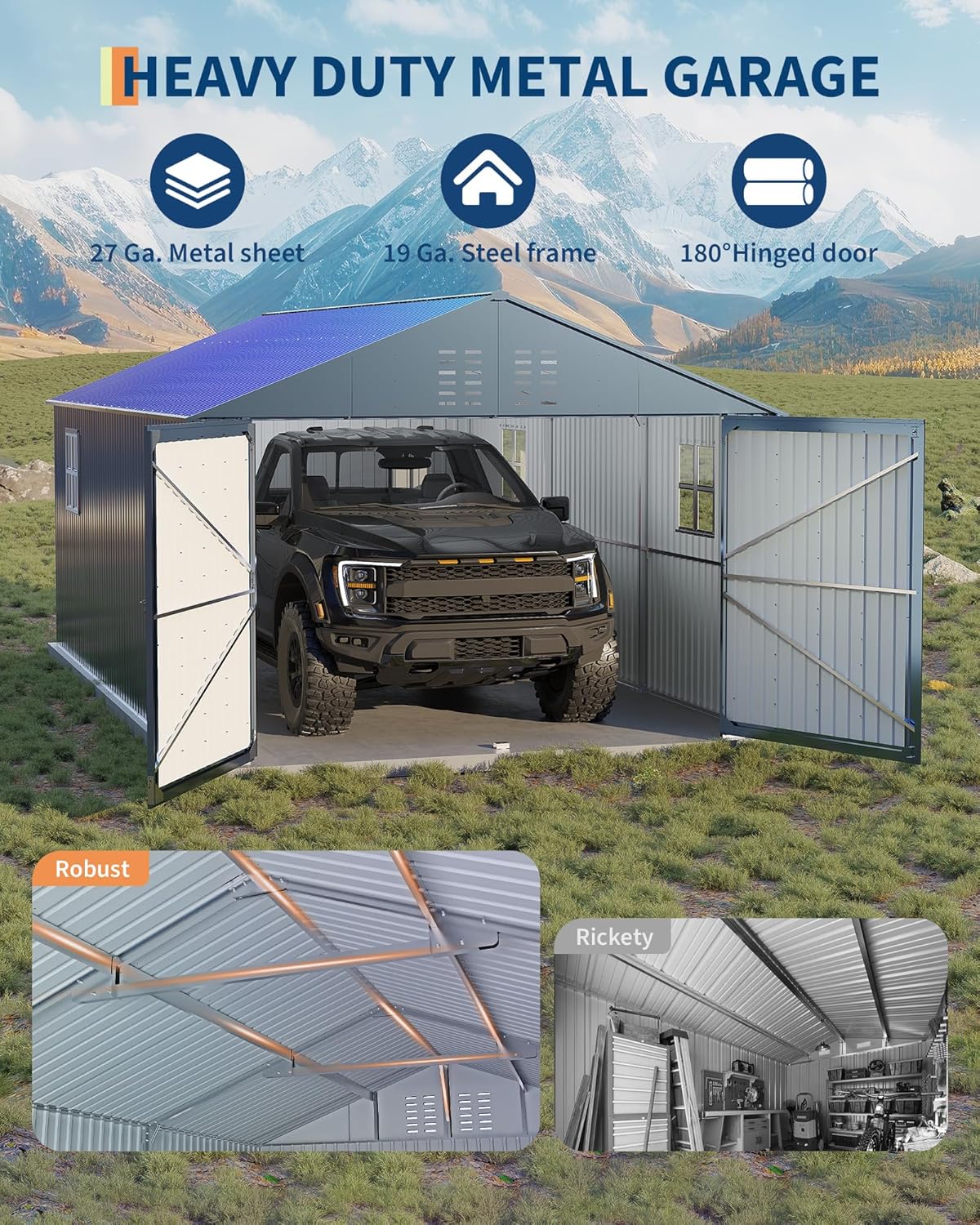 12x20 FT Metal Carport, Enclosed Car Port with Reinforced Frame and Steel Roof for All-Weather Use, Metal Garage Shed for Full-Sized Pickup Trucks