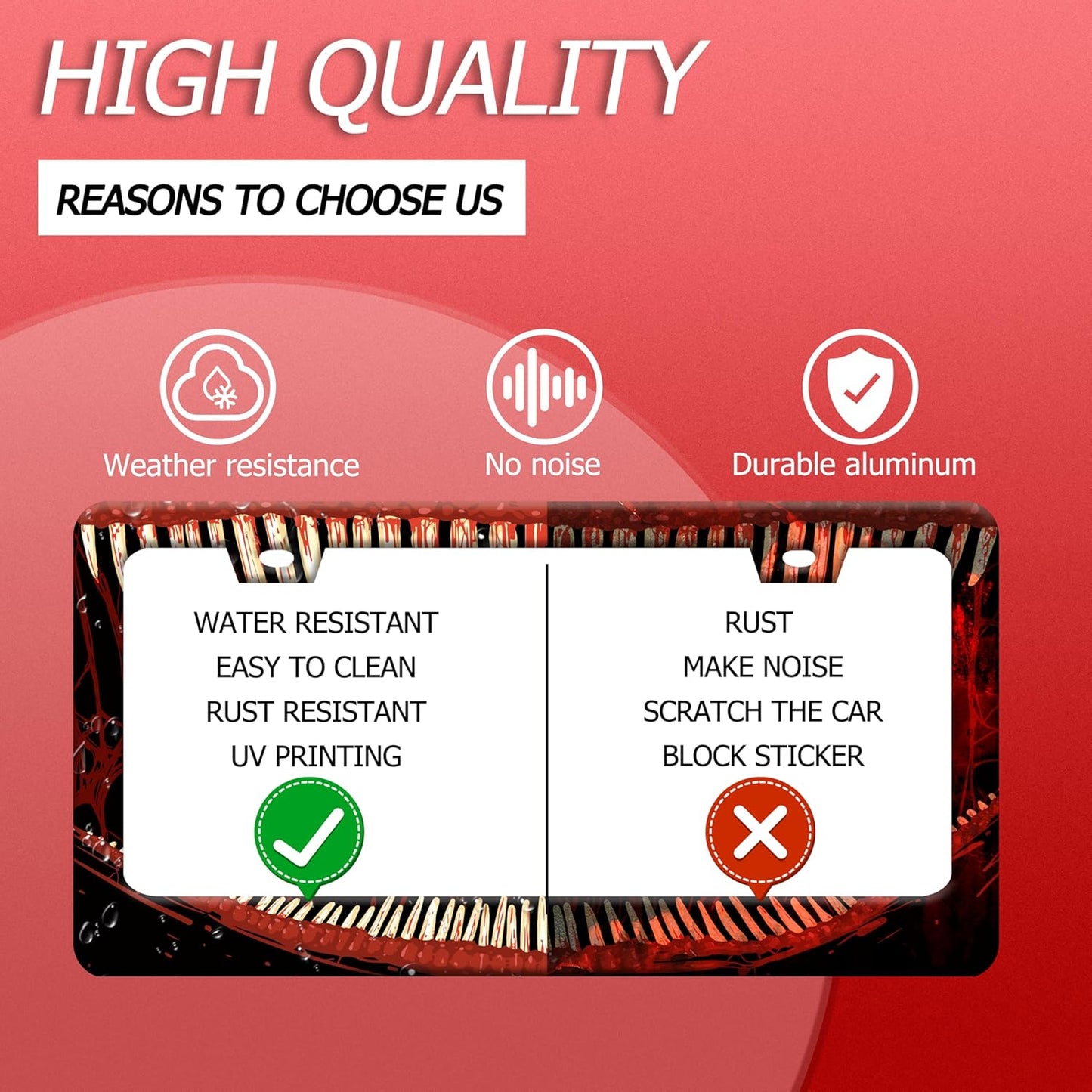 Funny Bloody Teeth License Plate Frame Scary Mouth License Plate Holder Stainless Steel Accessories Cars Decor with 2 Holes and Screws Fits Standard Us Ca Vehicles License Plate Frames 12.2 X 6 Inch