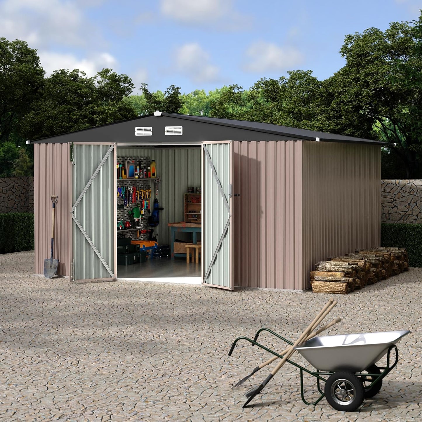 10x12 FT Metal Storage Sheds Outdoor, Metal ToolShed with Lockable Door, Metals Yard Sheds Metals Garden Shed Kit, MetalUtility Sheds Buildings with Air Vent for Backyard Garden Patio Lawn