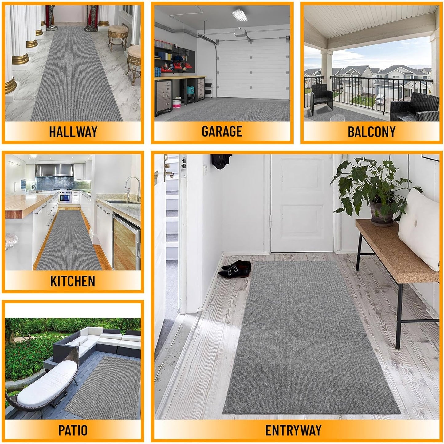 Ottomanson 6'6" x 30' Hallway Runner with Scraper Pile - Extra Durable Non-Slip Rug Mat for Indoor & Outdoor Use - Ideal for Kitchen, Entryway & Garage - High-Traffic Carpet, Gray