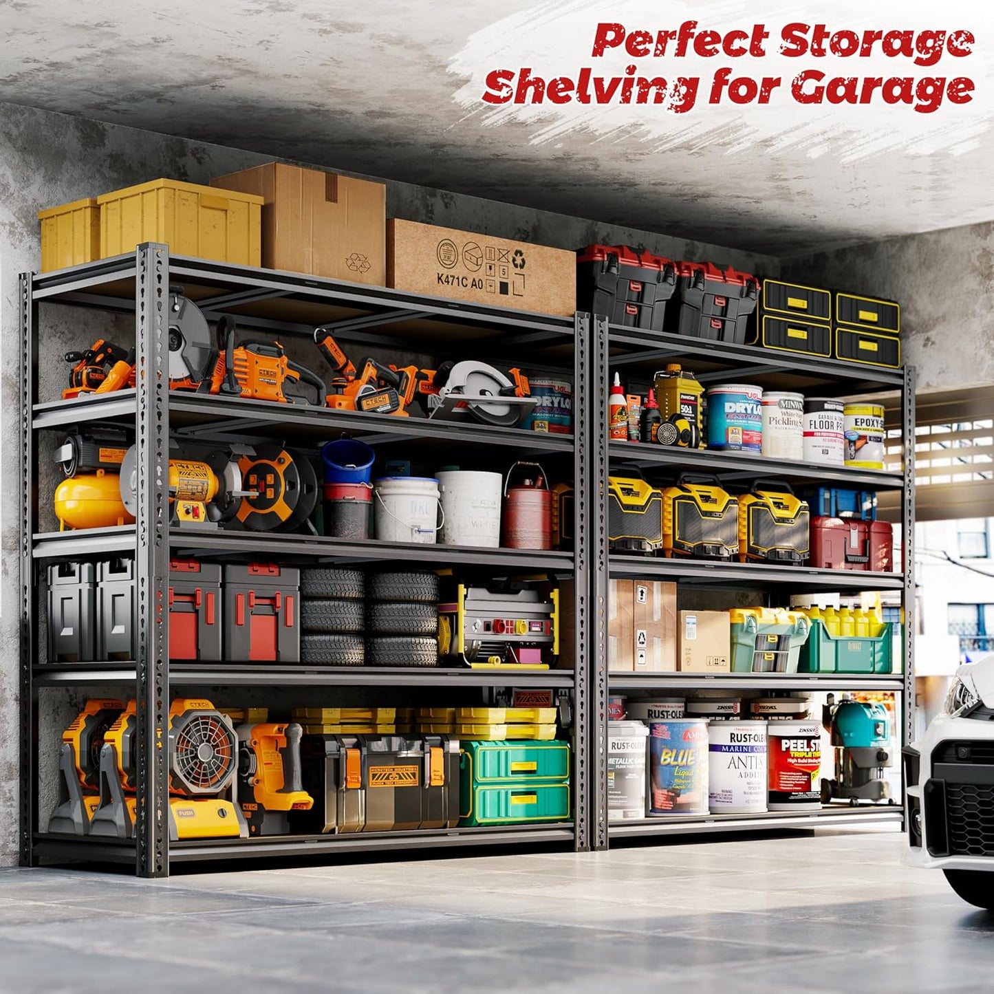 48"W Garage Shelving, 2650LBS Storage Shelves heavy duty, 5 Tier Metal Shelving Unit Adjustable Garage Shelves Heavy Duty Shelving for Warehouse,Commercial, Kitchen, 48" W × 18" D × 72" H, Black, 2PCS