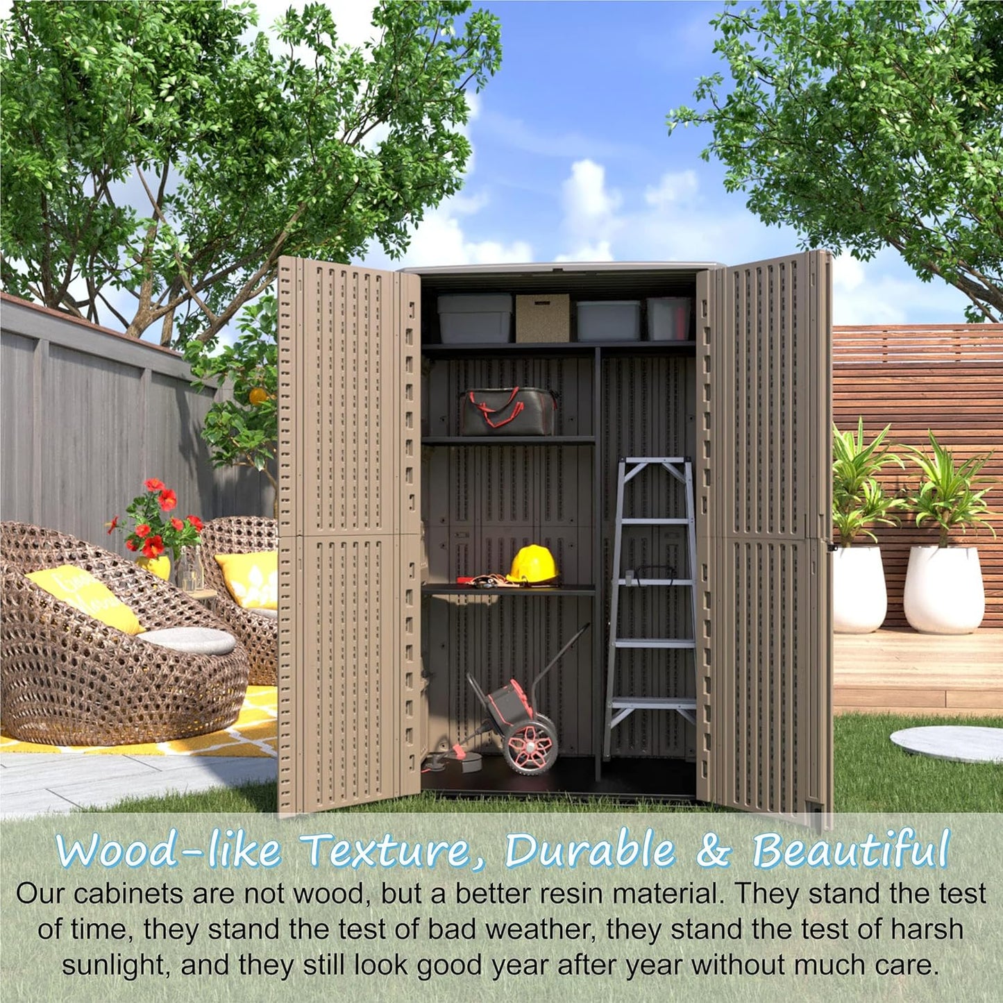 Sheds & Outdoor Storage, 52 Cu.ft Vertical Storage with Floor, Cabinet Waterproof for Garage Pool Bike Shed, Garden , Coffee Brown