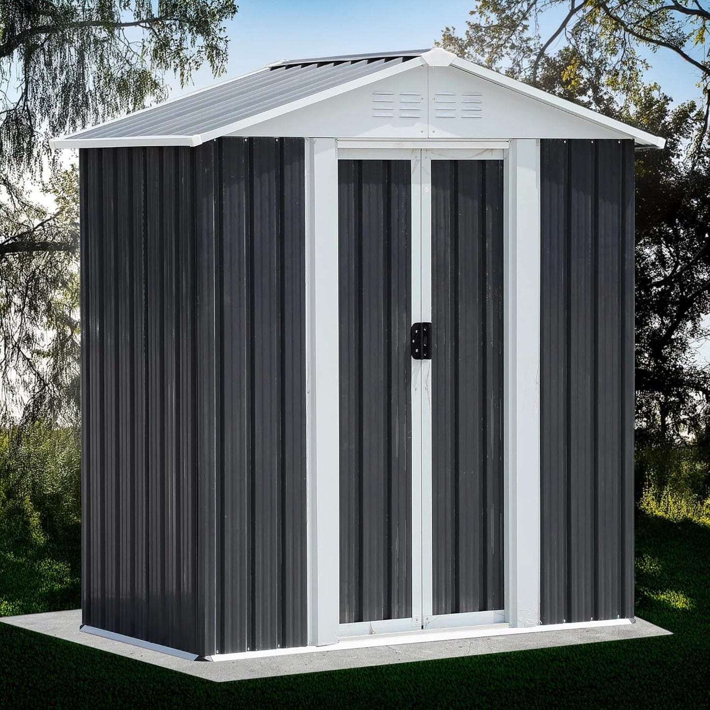 5X3 FT Outdoor Storage Shed, Waterproof Metal Garden Sheds w/Lockable Sliding Doors and Vents, Weather Resistant Tool Storage House for Backyard, Patio, Lawn, Dark Grey