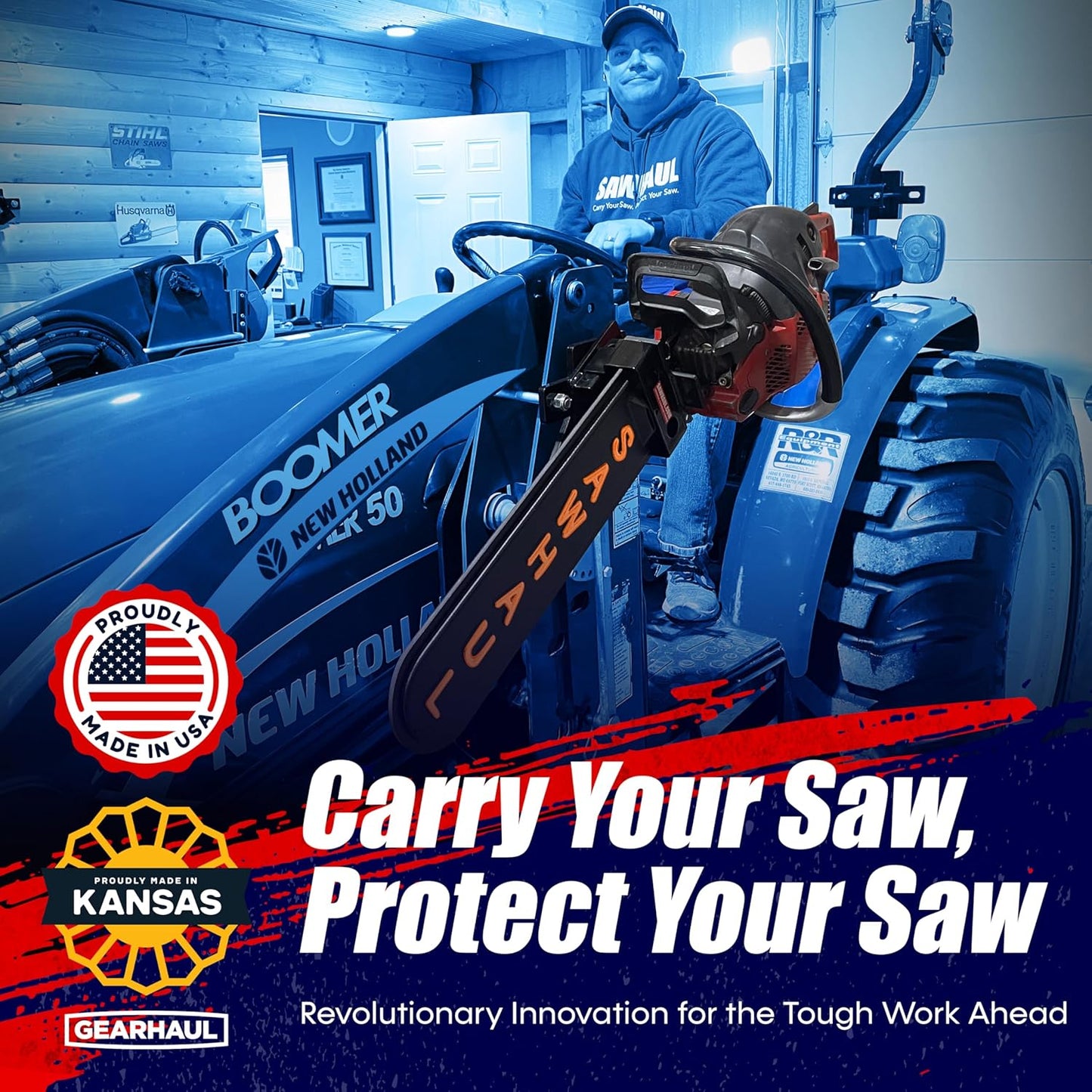 SawHaul Snap-Lok Universal Chainsaw Carrier Kit for Tractors and Skid Steers – 36 Inch Orange Scabbard with Rotating Mount – Compatible with All Chainsaw Brands – Made in USA