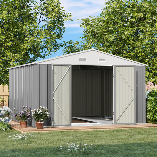 Patiowell 10 x 10 FT Outdoor Storage Shed with Floor Frame, Metal Yard Shed with Design of Lockable Doors, Utility and Tool Storage for Garden, Patio, Backyard, Outside use, Gray