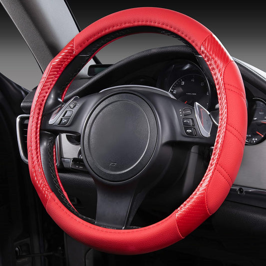 CAR PASS Line Rider Microfiber Leather Sporty Steering Wheel Cover 14.5-15 inch Universal Fits for 95% Truck,SUV,Cars, Anti-Slip Safety Comfortable Desgin (Red-Carbon Fiber)