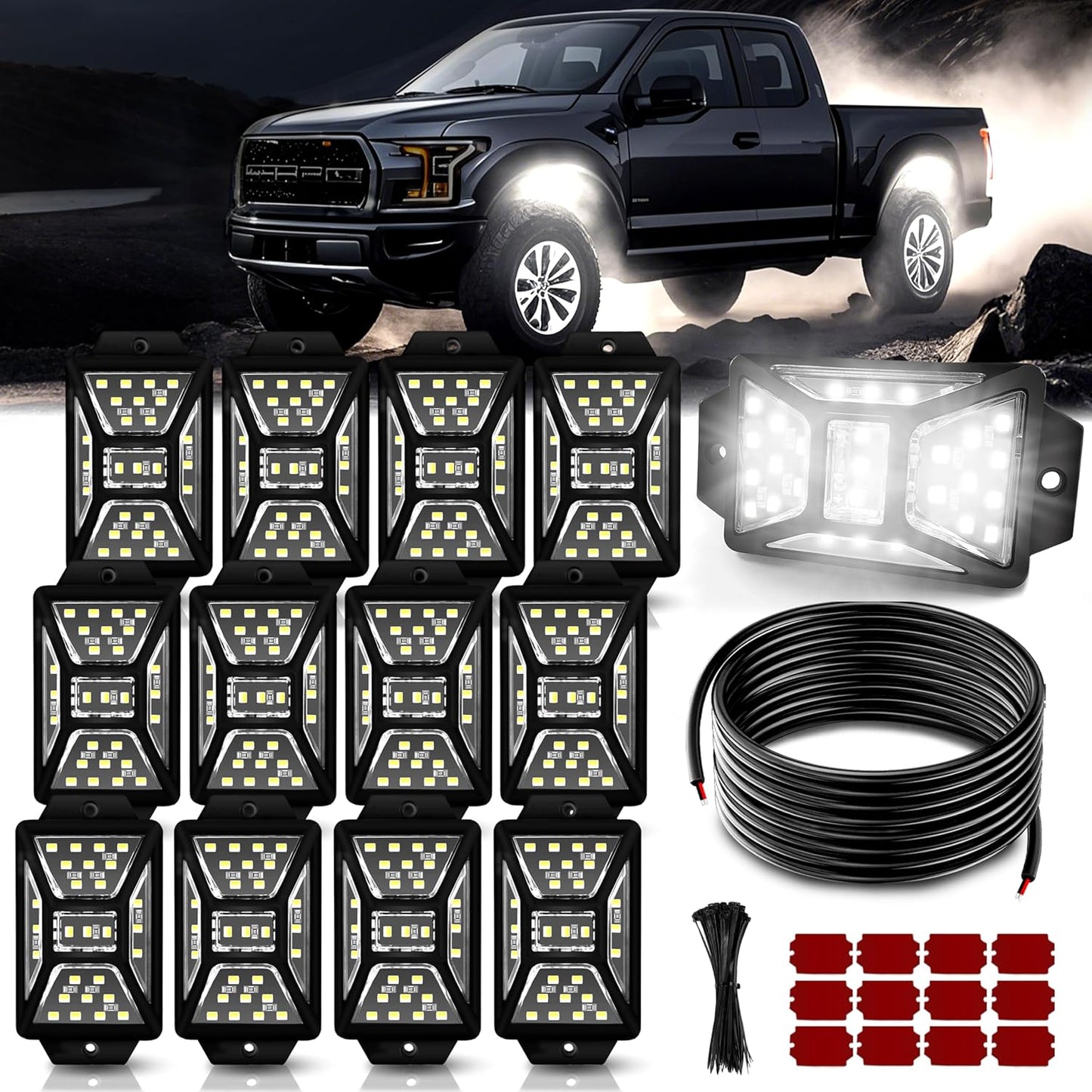 12 Pods 324 LED White Rock Lights with 11yd/10M Extension Wire, 6000K Super Bright Underglow Light, Waterproof IP67, 360° Full Angle Illuminate Rock Lights for Trucks Jeep UTV ATV SUV Boats
