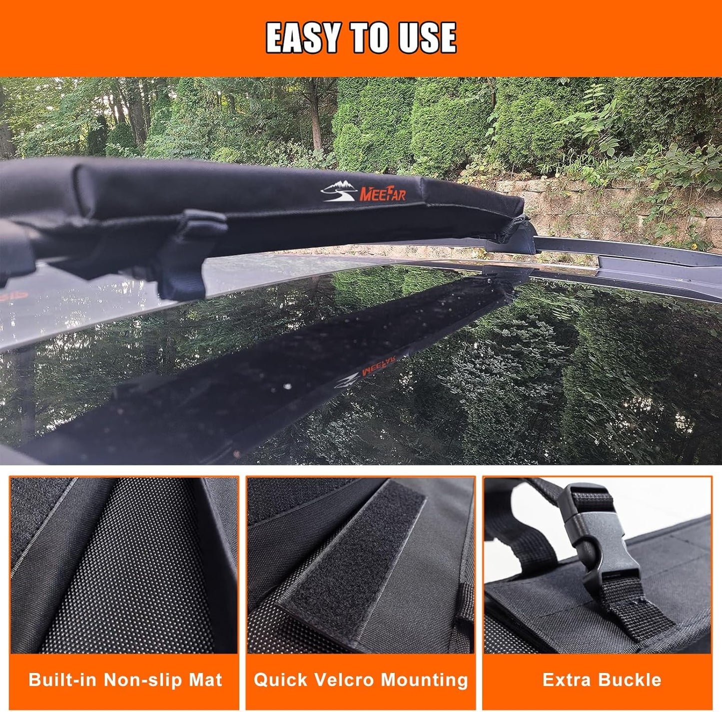 MeeFar Universal Roof Rack Pads Fit on Cross Bars - for Kayak/Surfboard/SUP/Canoe with 2 Heavy Duty Tie Down Straps, 2 Tie Down Rope, 2 Quick Loop Strap and Storage Bag