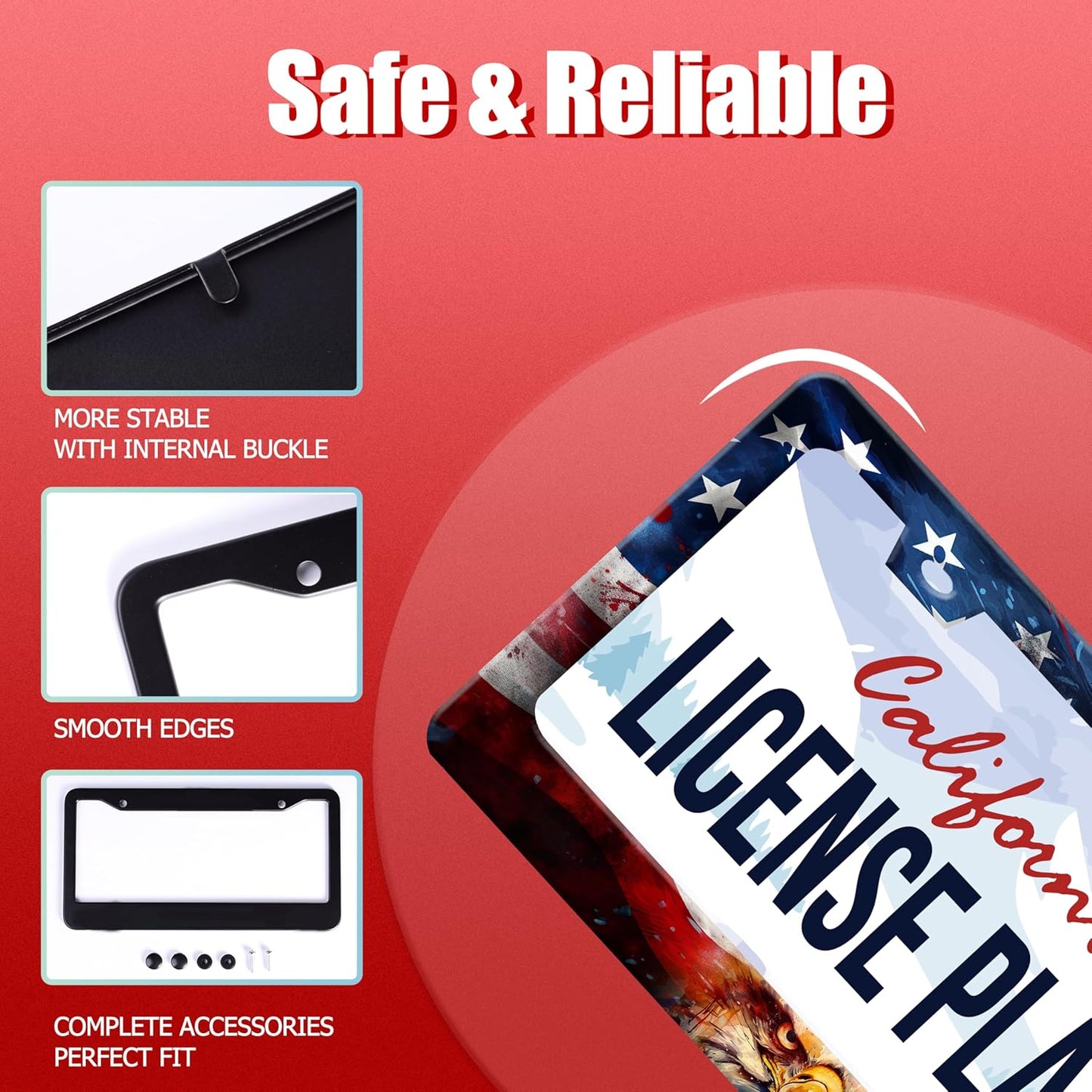 Personalized License Plate Frame American Flag Eagle Stainless Steel Accessory Patriotic Holder Funny Car Decorative 2 Holes Screws Fits Us Standard License Plates 12.2 X 6.3 in for Men Women