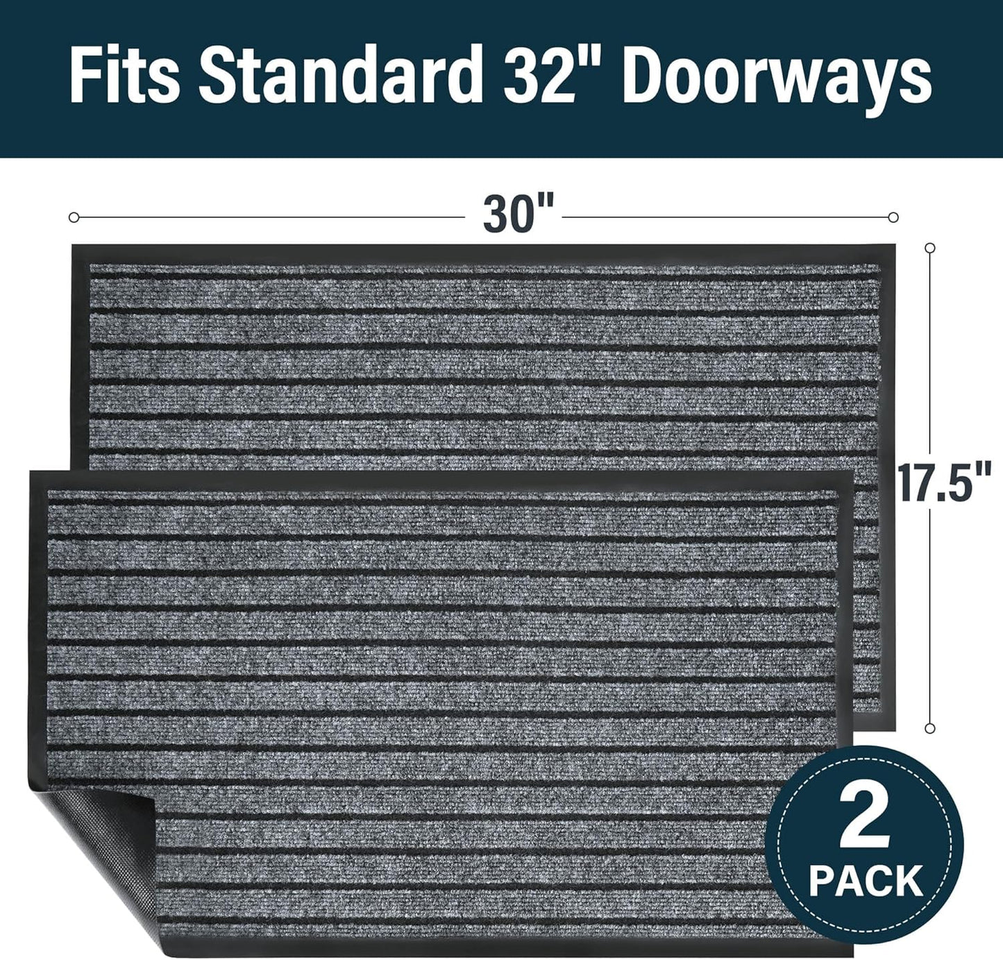 LotFancy 30" x 17" Set of 2 Front Door Mat for Indoor Outdoor Entrance, Dirt Traper Low Profile Easy Clean Doormat, Non Slip Welcome Mats for Patio Porch Garage Entryway, Dark Gray