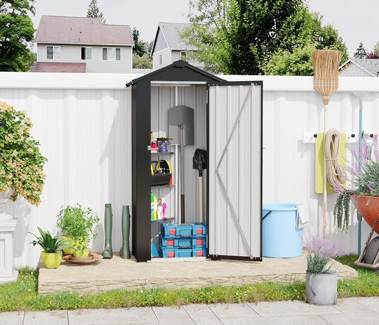 2.5x1.4 FT Outdoor Storage Shed, Small Metal Garden Shed with Adjustable Shelves, Mini Outside Tool Sheds with Lockable Hinged Door, Waterproof Outdoor Storage Cabinet for Backyard, Patio, Lawn, Black