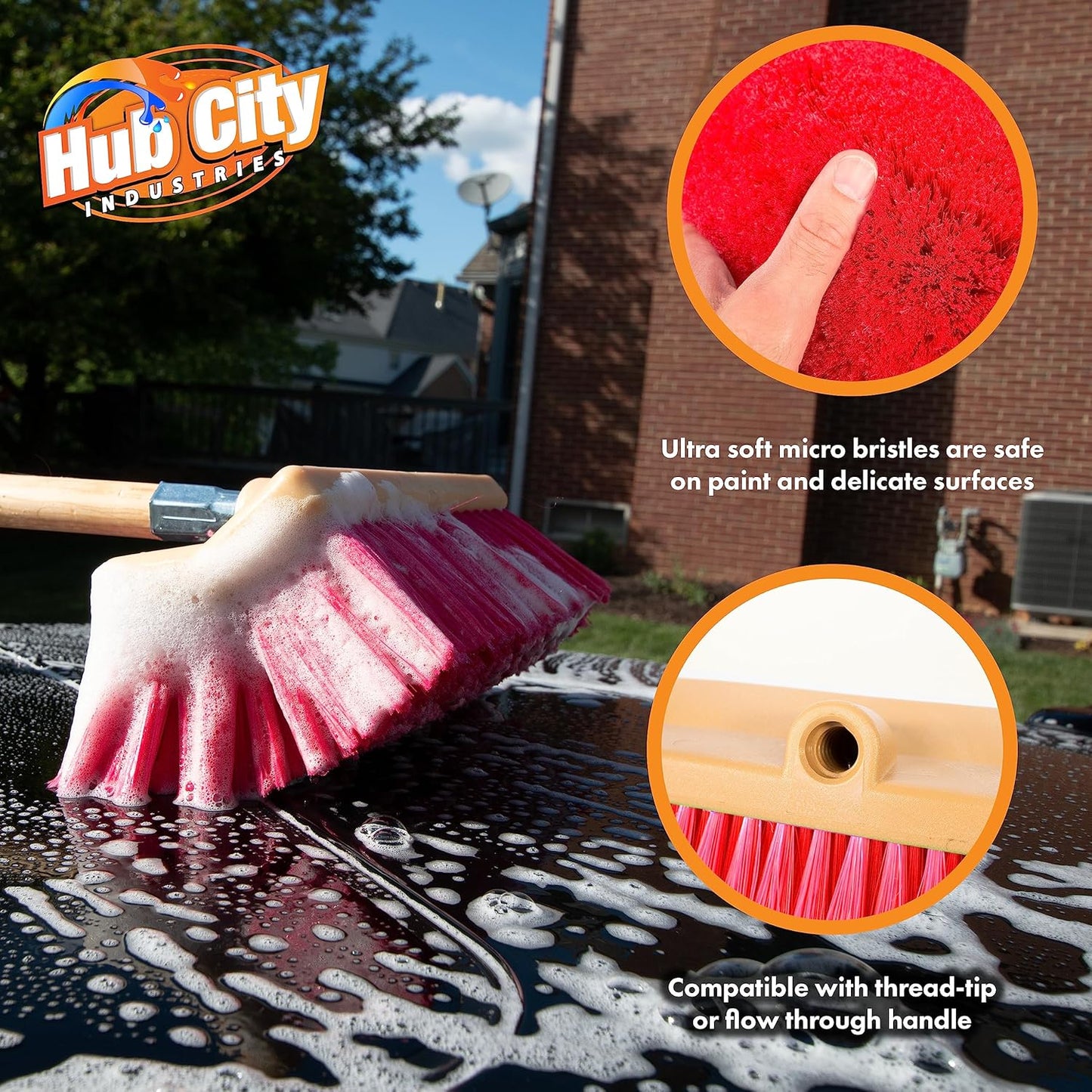 Hub City Industry 10- inch Car Wash Brush, Bi- Level Brush, Soft Nylon Bristle, car Accessories, Cleaning Supplies, Automotive wash Brush,Flagged Red Poly Bristle