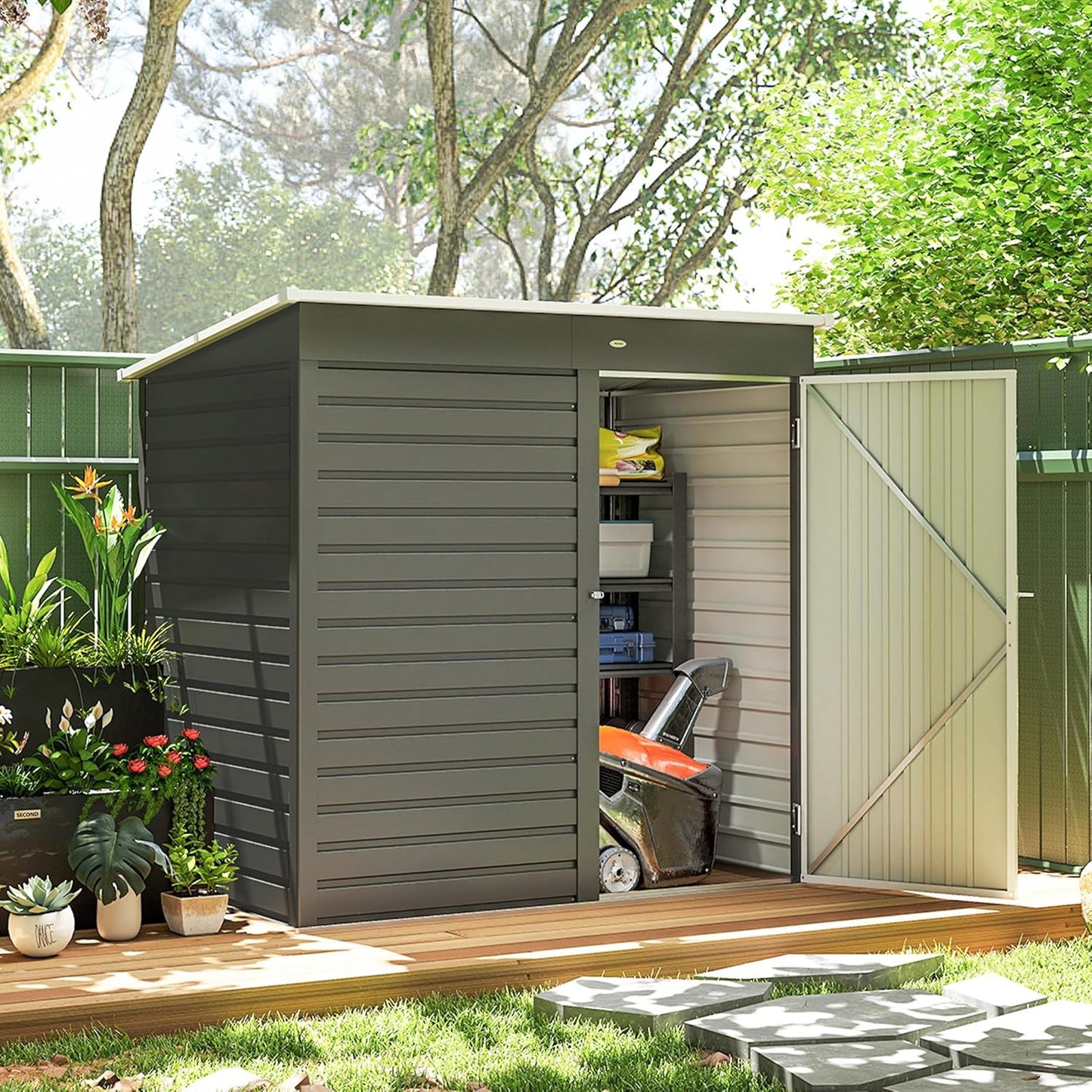 Outsunny 6' x 4' Outdoor Storage Shed, Easy to Assemble, Metal Garden Tool Shed with Lockable Door and Gloves for Backyard Garden Patio Lawn, Light Gray