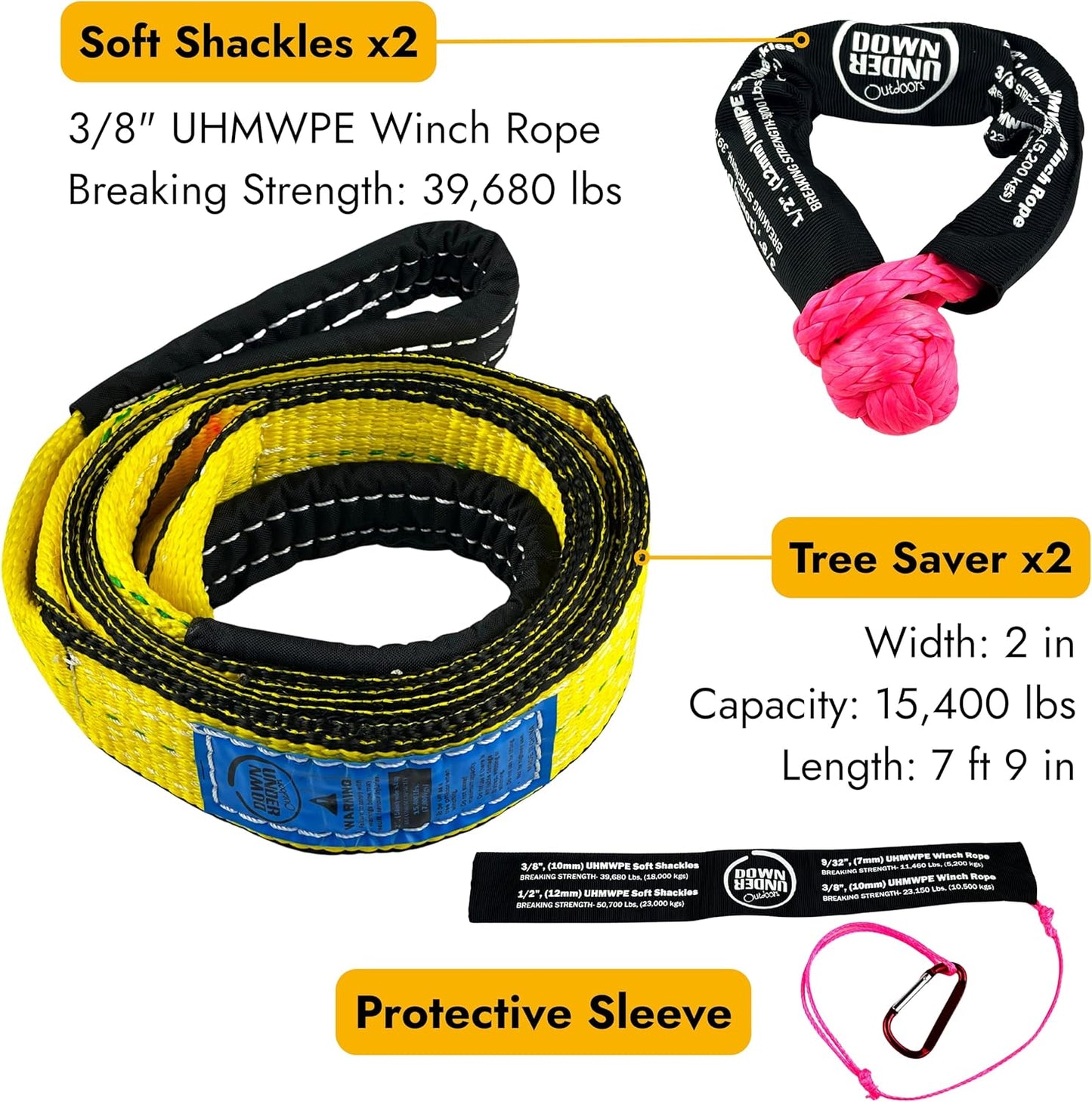 DOWN UNDER OUTDOORS Game/Log/4x4 Recovery Kit, Deer Drag, 650 ft of 9/32” (11,460 lbs) Winch Rope on Metal Reel, 2 Tree Savers, 2 Soft Shackles, 2 Snatch Rings, 2 Figure 8 Rings, Gear Bag
