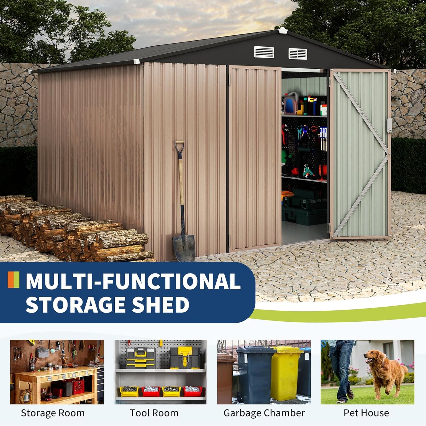 8x10 FT Metal Storage Sheds Outdoor with Floor, Metal ToolShed with Lockable Door, Metals Yard Sheds Metals Garden Shed Kit, MetalUtility Sheds Buildings with Air Vent for Backyard Garden Patio Lawn