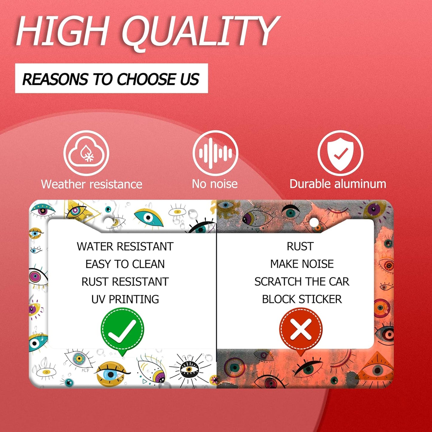 Evil Eye License Plate Frame Colorful License Plate Frames Stainless Steel Accessories Cars Decor with 2 Holes and Screws Fits Standard US CA Vehicles Size 12.2 x 6 Inches