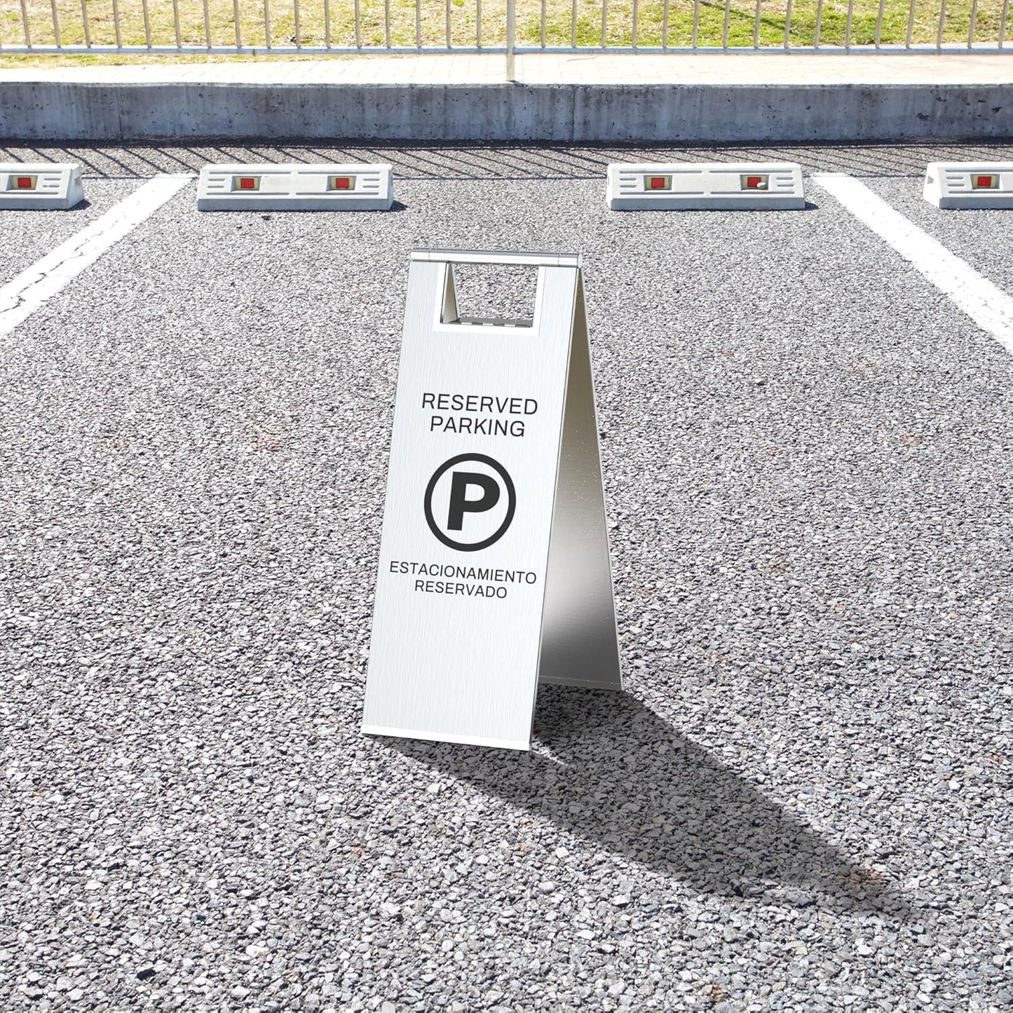 Reserved Parking Sign – Foldable Heavy Duty Plastic A-Frame with Bold “P” Symbol, Bilingual English & Spanish – 24" Tall Reserved Spot Marker for Storefront, Driveway, Garage – Silver