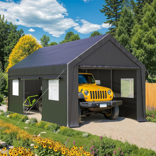Polar Aurora Carport, 12x20 FT Heavy Duty Carport with Side-Opening Door & Roll-Up Windows, Car Port Canopy, Outdoor Portable Garage for Car, Truck, Boat, Motorcycle