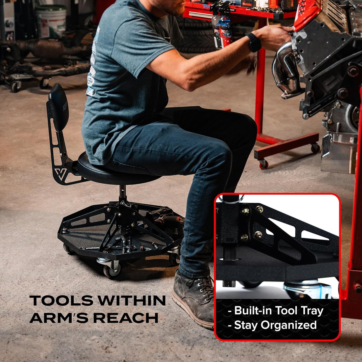 Vyper Robust Steel Sport Shop Chair for Mechanics, Automotive, DIY - 300 lb Capacity Garage Stool with Backrest & Large Wheels (Black Seat, Black Frame)