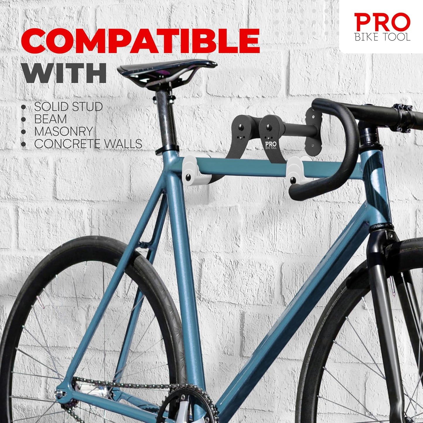 PRO BIKE TOOL Bike Wall Mount - Horizontal Indoor Bike Rack for 1 Bicycle - Bike Rack for Garage - Safe and Secure Bike Hook for Road, Mountain or Hybrid Bikes - Bike Hanger, Bicycle Storage - White