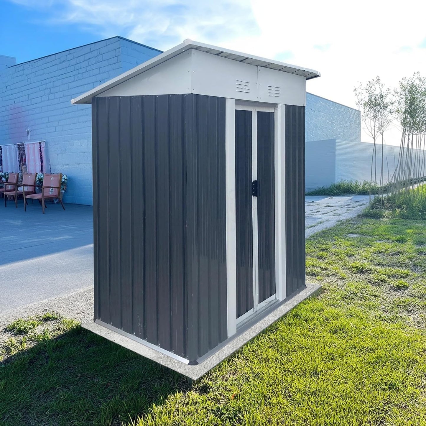 5x3 FT Outdoor Storage Shed with Sloping Roof, Waterproof Metal Garden Sheds w/Lockable Sliding Doors and Vents, Weather Resistant Tool Storage House for Backyard, Patio, Lawn, Grey