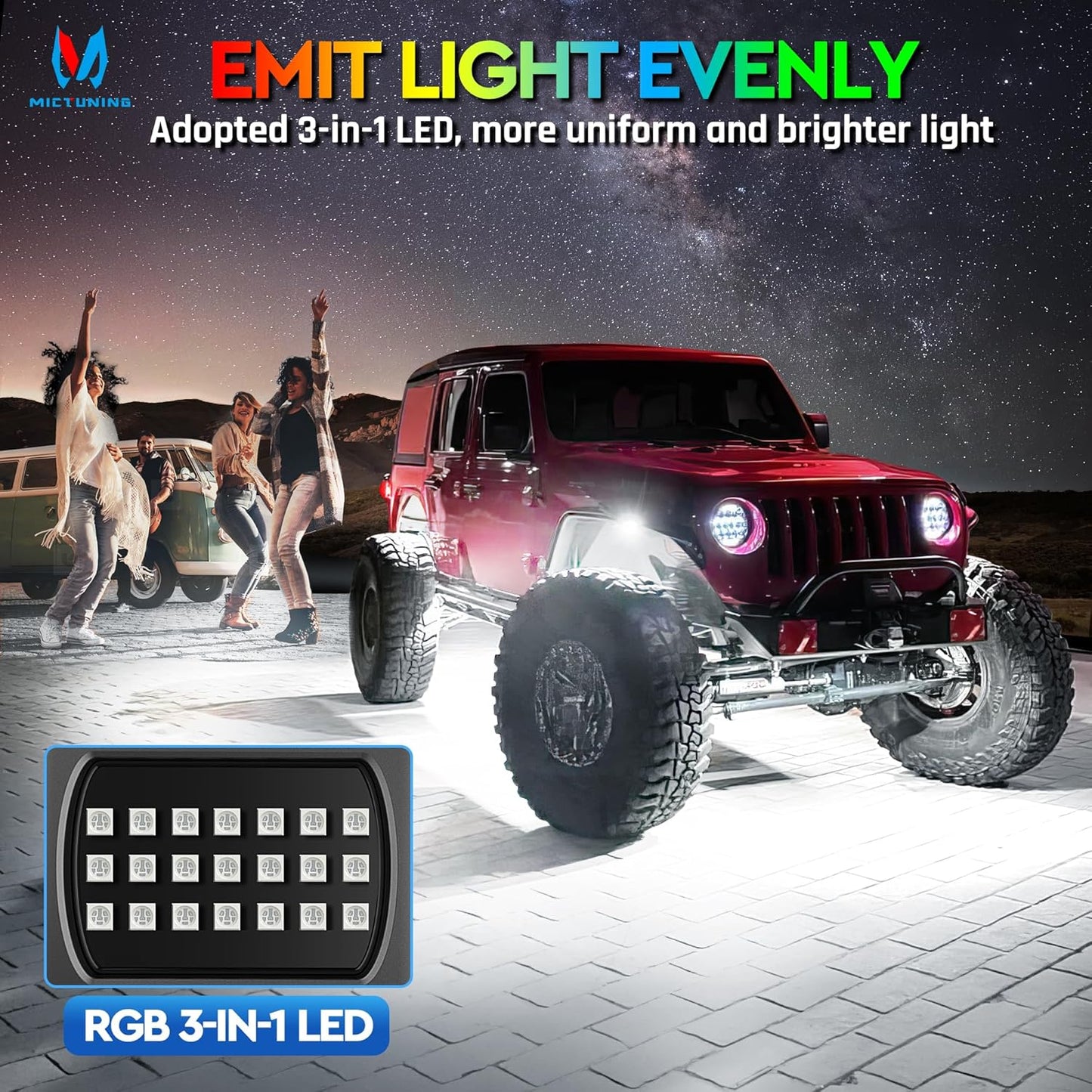 MICTUNING 2025 1000% Bright Q1 MAX RGB+IC Rock Lights, 2 Pods Chasing Dreamcolor Extensible Underglow Multicolor Neon Light Underbody Lighting Kit for Truck ATV UTV Boat (No Controller)