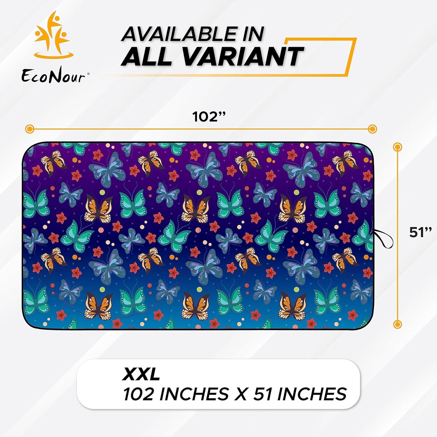 EcoNour Butterfly RV Windshield Sunshade | Windshield Cover Sunshade for UV Rays & Heat Protection, Keeps Your Interior Cool | Fits RVs, Trucks, Motorhomes, Buses | XXL - 102 x 51 inches