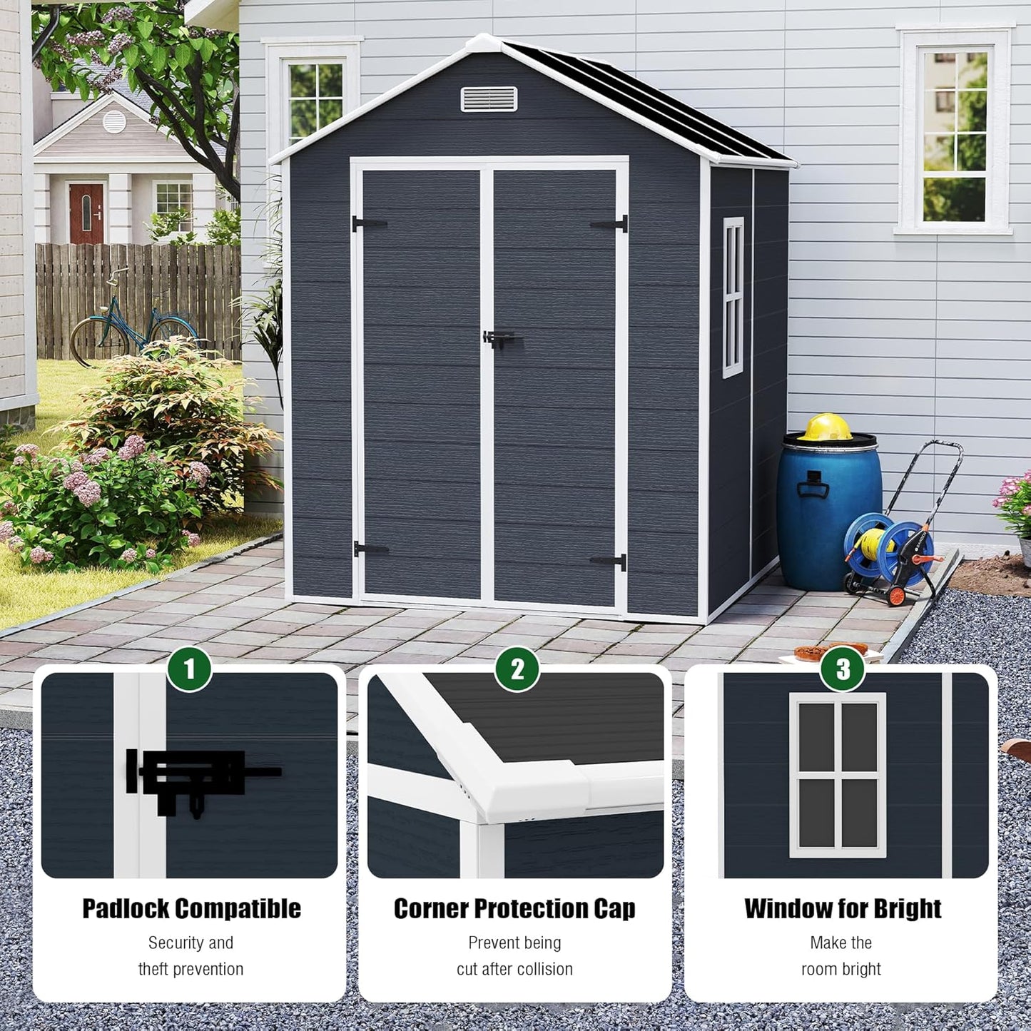 MyVoice 6x6 FT Outdoor Resin Storage Shed with HD Window, Rustproof Waterproof Garden Tool Shed, 12mm Thickened PP Panels, Large Capacity Outdoor Utility House for Backyard Patio (with Floor)