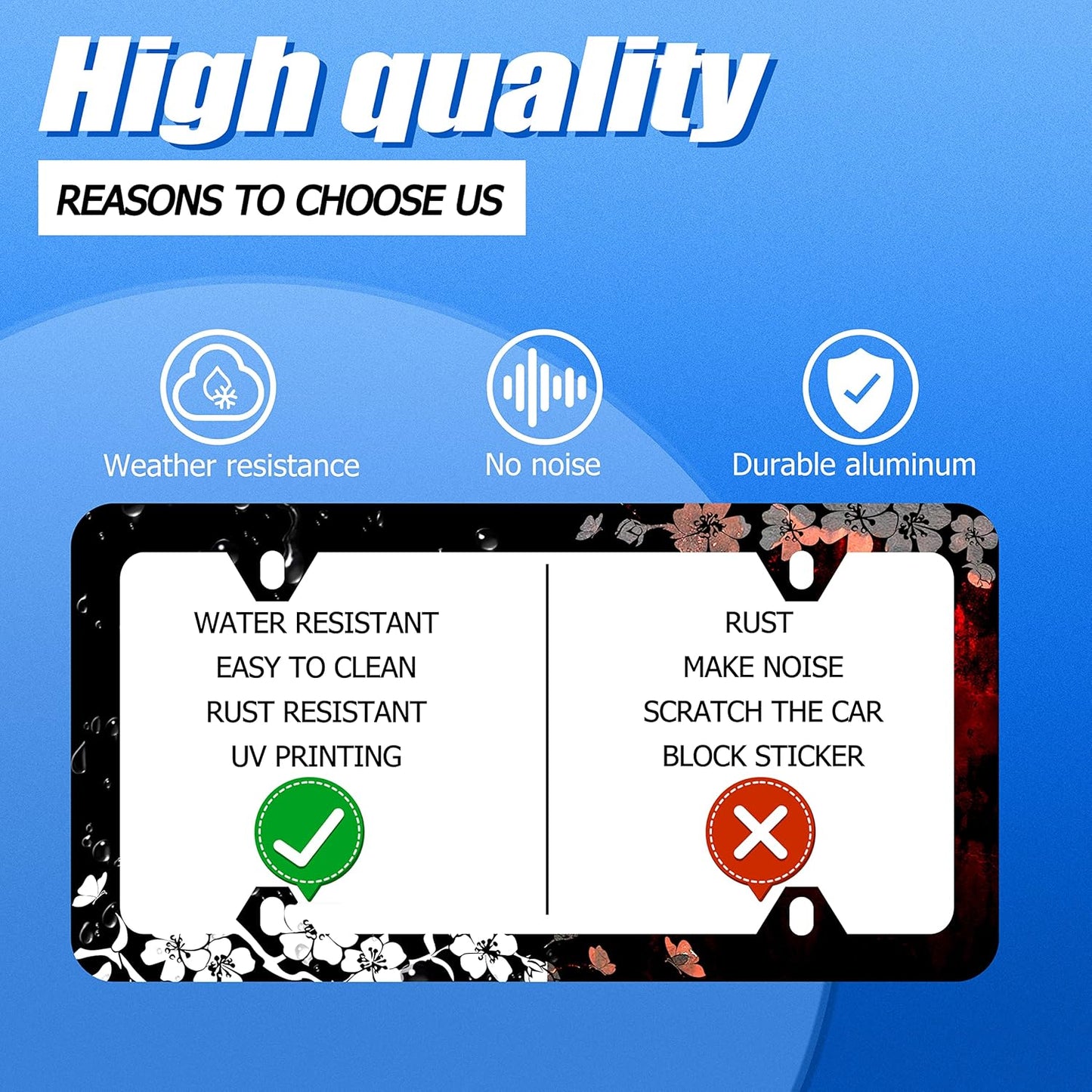 Black White Cherry Blossoms License Plate Frame Floral Flowers License Plate Stainless Steel Parts Colorful License Plate Decorative with Screws Size 12.3" x 6.3" Men Women