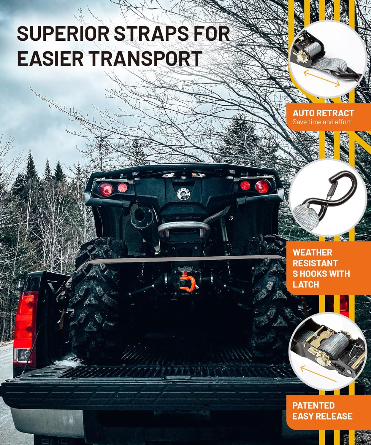 Strapinno Retractable Ratchet Tie-Down Straps,5,000 lbs Breaking Strength- 2 in x 12 ft Heavy Duty Ratchet Strap with Safety Lock S Hooks for Motorcycles, ATVs, UTVs, Lawn Equipment & Cargo (Gray)