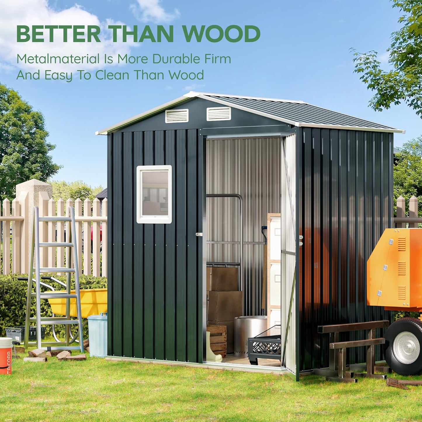 Breezz 6x4FT Outdoor Steel Storage Shed with Clear Window, Lockable Doors, Weather-Resistant Metal Tool Shed for Garden, Backyard, Patio, and Utility Storage