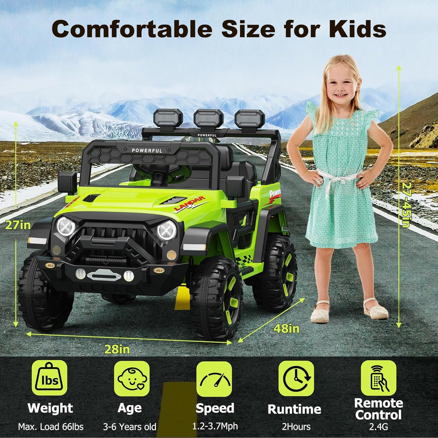 Kids Electric Vehicle, 12V Battery Powered Ride On Car with 2.4G Remote Control, Electric Car for Kids, 3 Speed Ride On Toy, Soft Start, LED Lights, Bluetooth, Green