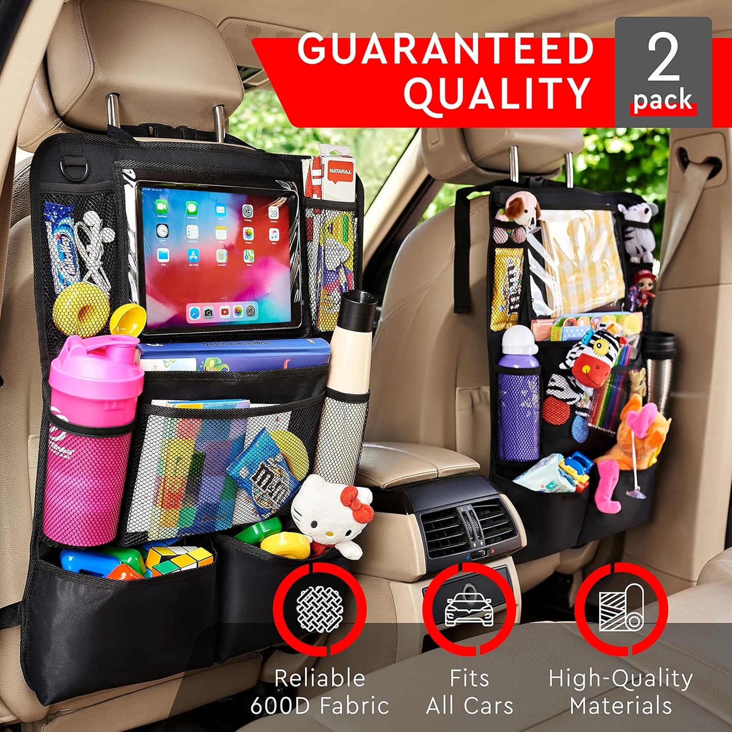 Helteko Backseat Car Organizer, Kick Mats Back Seat Protector with Touch Screen Tablet Holder, Back Seat Organizer for Kids with 9 Storage Pockets, Travel Accessories (2 Pack, Beige)