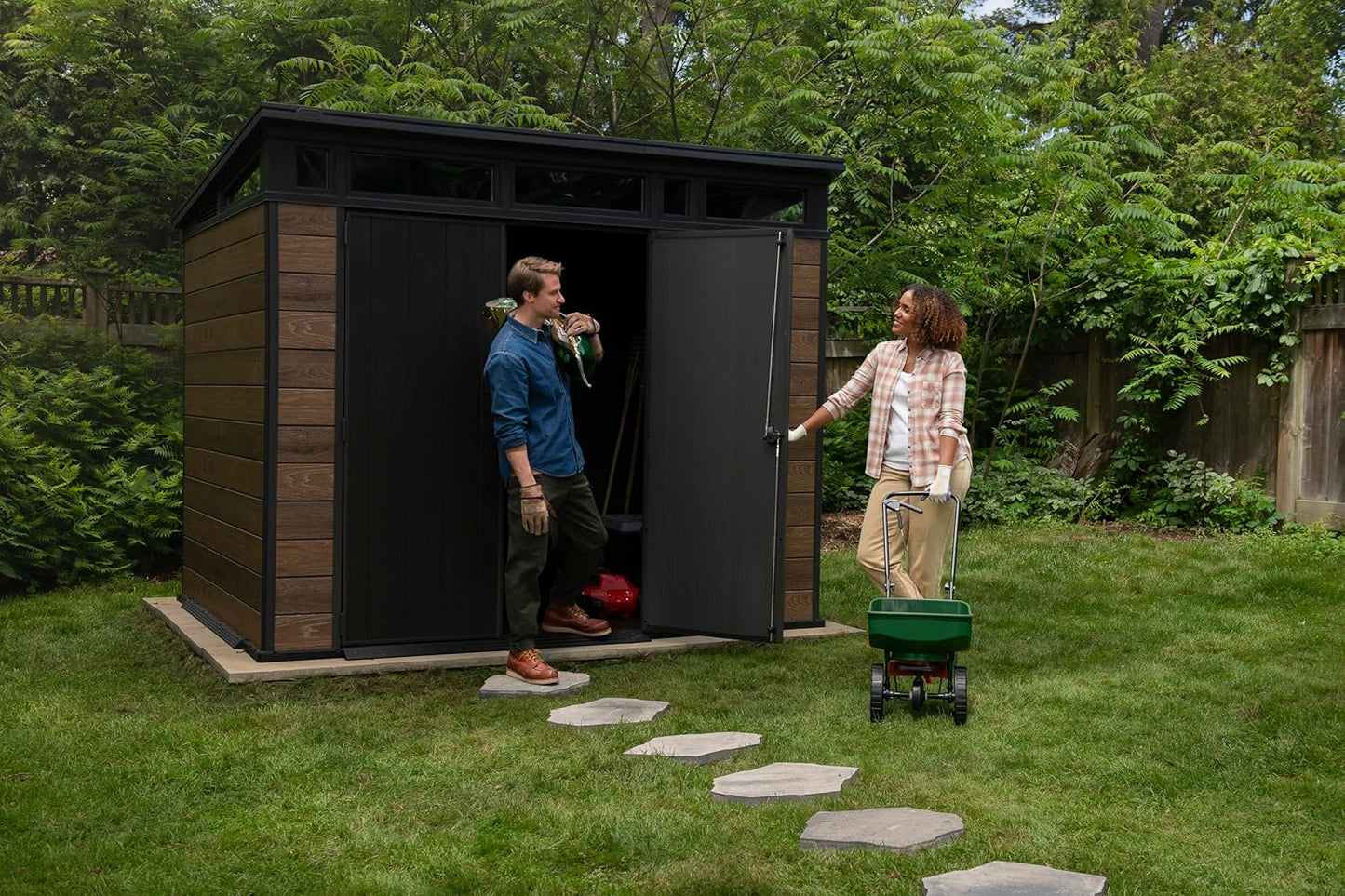 Keter Signature Collection 9x7 Ft All-Weather Storage Shed with Skylight, Window, Built-in Ventilation, Customizable Walls, & Lockable Double Doors, Walnut