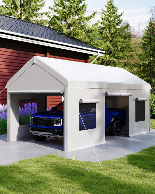 10x20 Ft. Metal Carport Garage with PE Fabric and Galvanized Steel Frame Outdoor Shelter for Cars, Trucks and Boats with 4 Doors and Mesh Windows for Ventilation - White