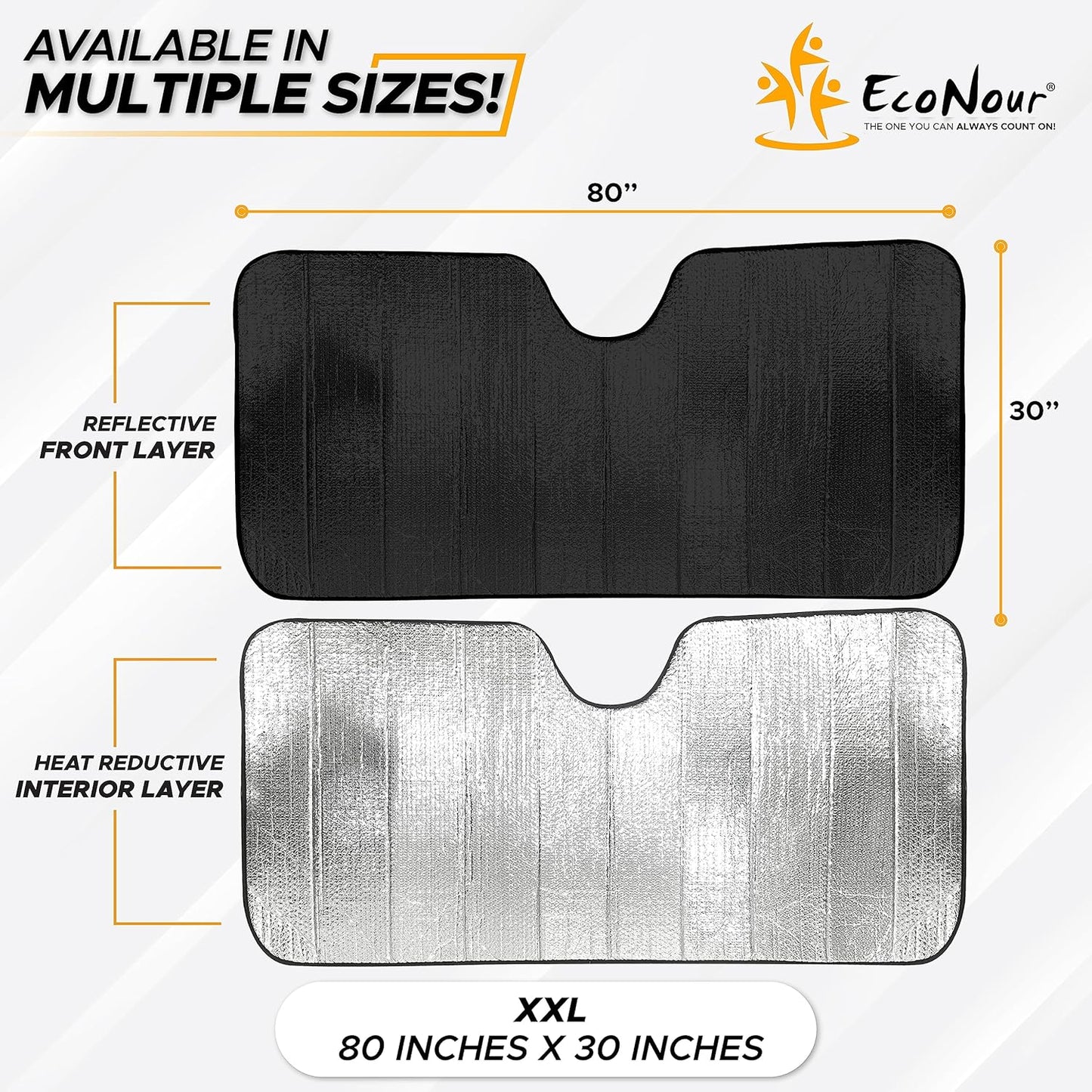 EcoNour Accordion Sun Shade Windshield for Trucks | Automotive Windshield Sun Shade to Keep Your Rig Safe | Fits for Semi Truck Windshields, Commercial & Big Rig Truck | XXL (80 x 30 inches)