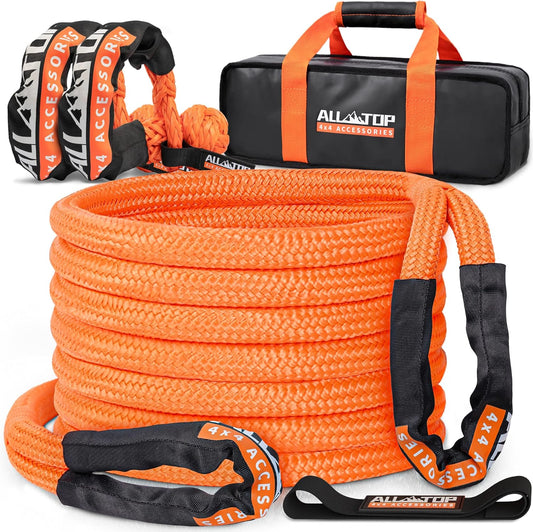 ALL-TOP Kinetic Recovery Rope Kit w/ 2 Soft Shackles, 48000Lbs, 1in x 20ft, Heavy Duty 30+% Elasticity, 16000Lbs Work Load Limit