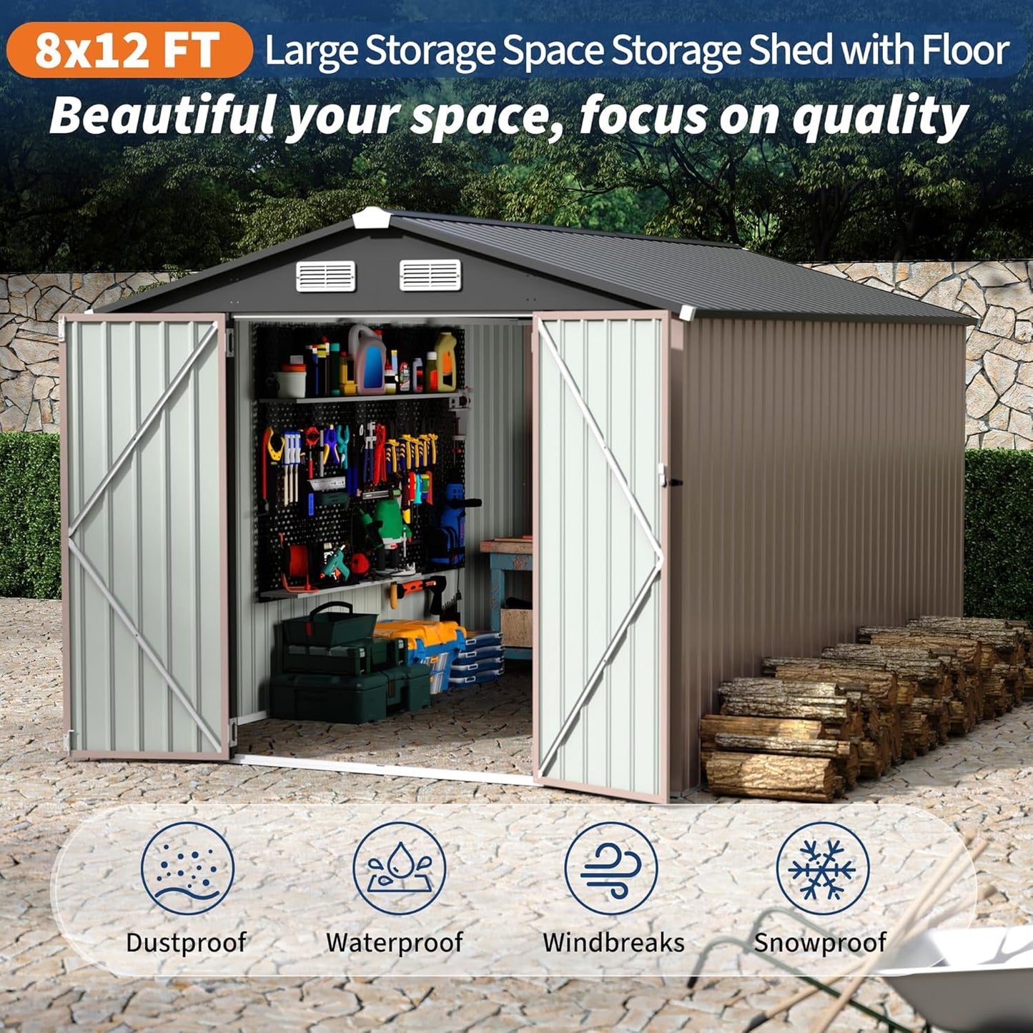 8x12 FT Metal Storage Sheds Outdoor, Metal ToolShed with Lockable Door, Metals Yard Sheds Metals Garden Shed Kit, MetalUtility Sheds Buildings with Air Vent for Backyard Garden Patio Lawn