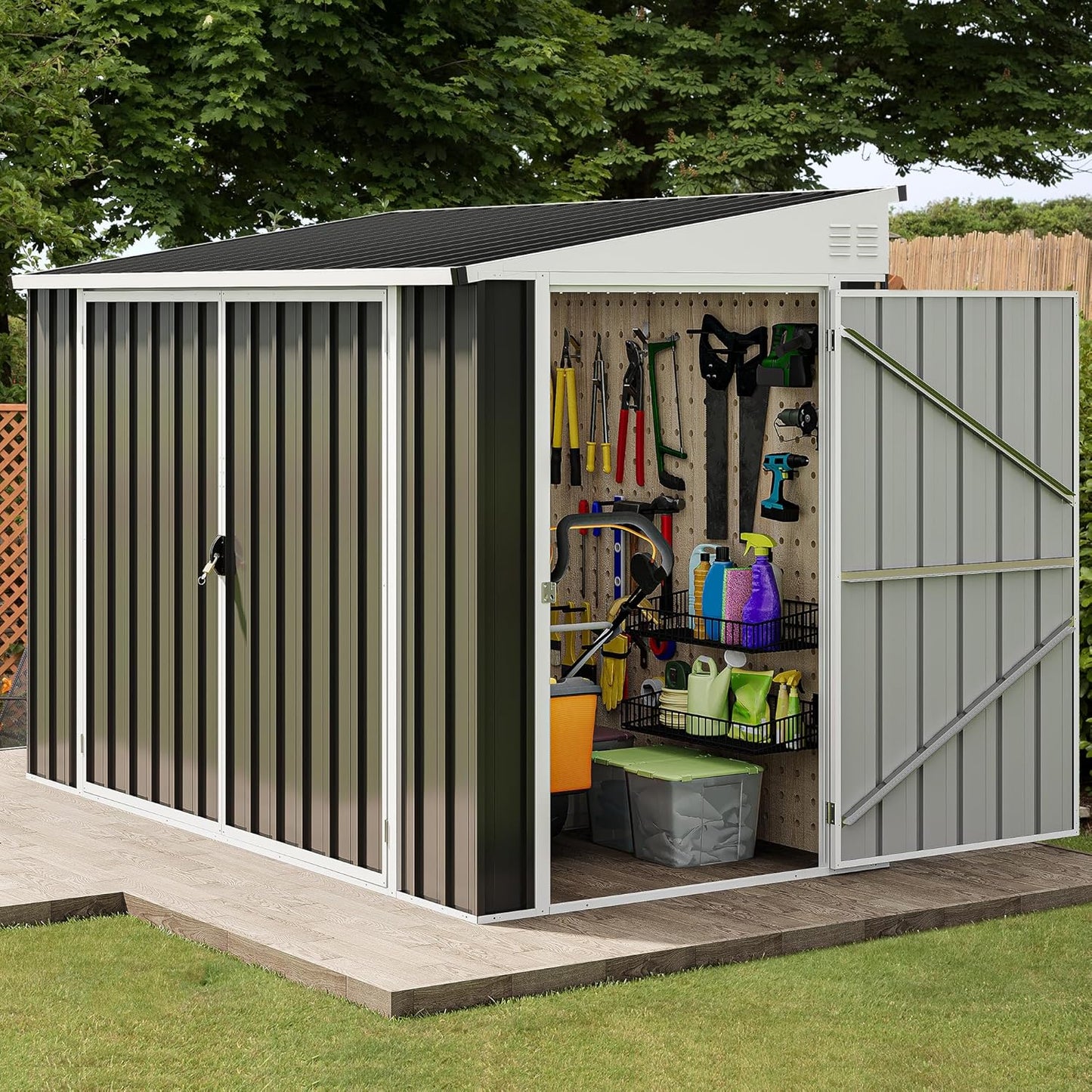 DWVO 8x4 FT Outdoor Weatherproof Storage Shed, Secure Metal Bike Shed w/Lockable Entry, Garden Storage Solution for Lawn Equipment, Tools, Waste Bin, Dark Gray