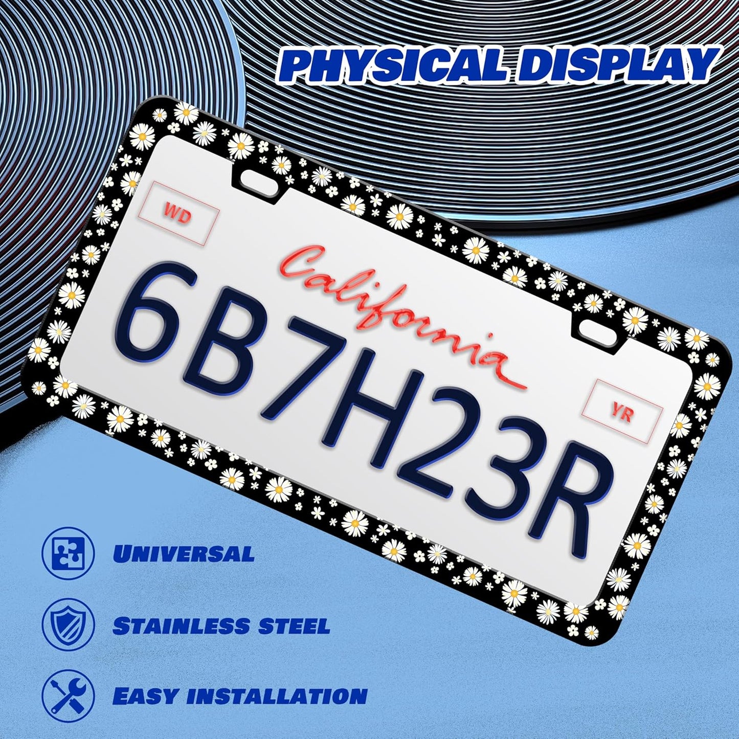 Beautiful Daisy License Plate Frame Daisies License Plate Holder Personalise Stainless Steel Funny Design Compatible with Standard License Plate Holder for USA and Canada 6 X 12 Inch with Screws