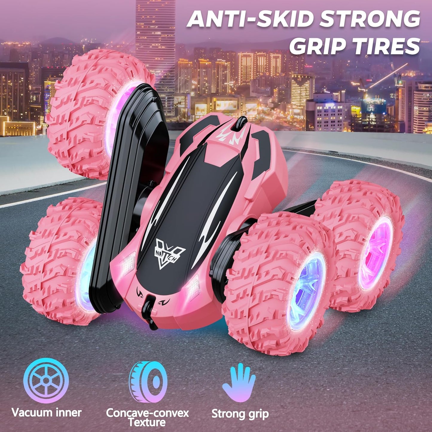 Remote Control Car, 2.4GHz RC Stunt Car, Double Sided 360° Rotating RC Cars with LED Headlight & LED Wheel, High Speed Off Road RC Crawler Xmas Gift for 3 4 5 6 7 8-12 Year Old Girls Toys (Pink)