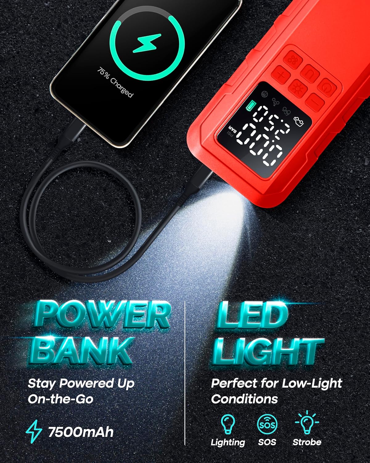 Tire Inflator Portable Air Compressor,150 PSI car tire air Pump Portable with Digital LCD Pressure Gauge,Electric Air Pump for Motorcycle Tires,Bicycle Tires and Balls,Red