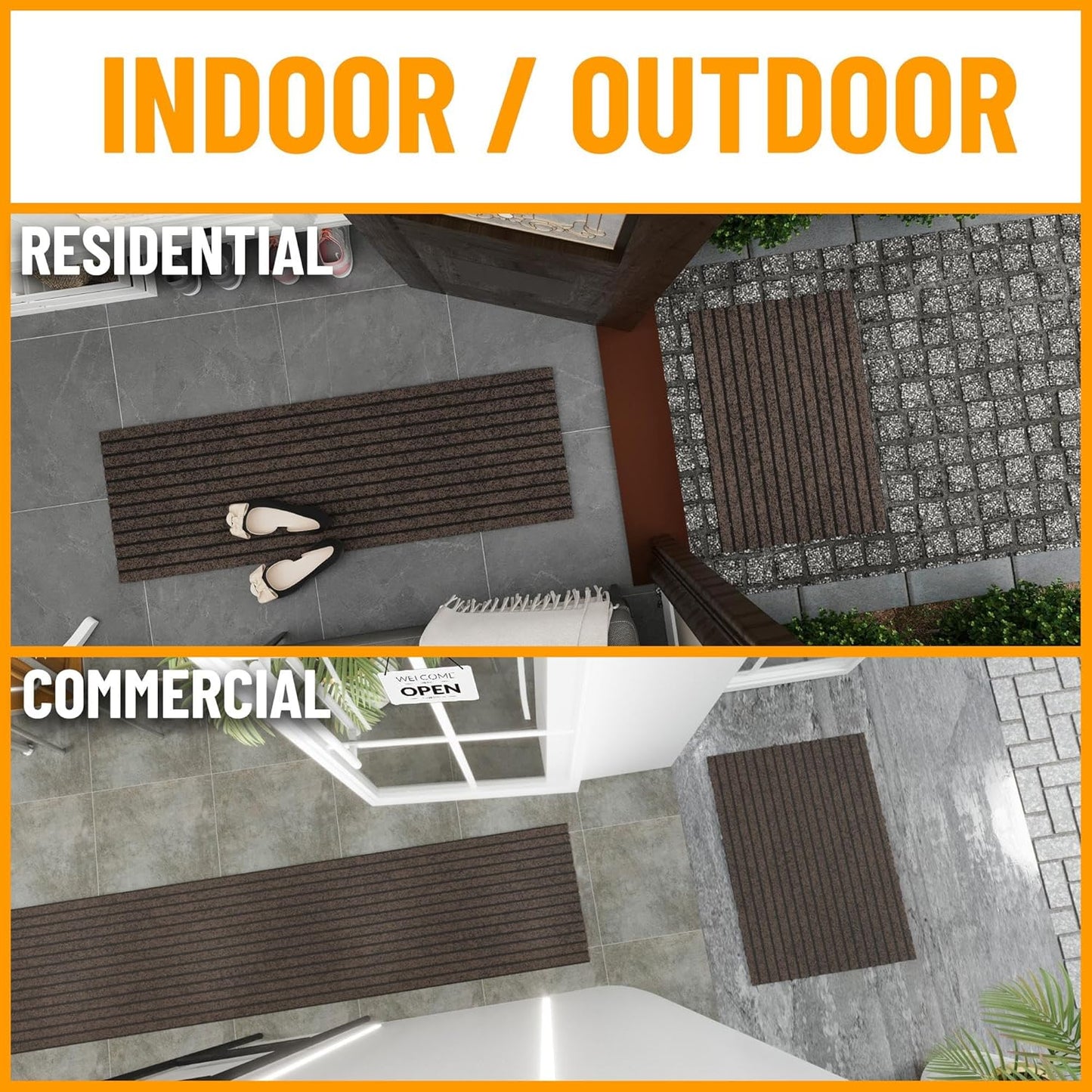 Ottomanson 2'7" x 28' Hallway Runner with Scraper Pile - Extra Durable Non-Slip Rug Mat for Indoor & Outdoor Use - Ideal for Kitchen, Entryway & Garage - High-Traffic Carpet, Brown